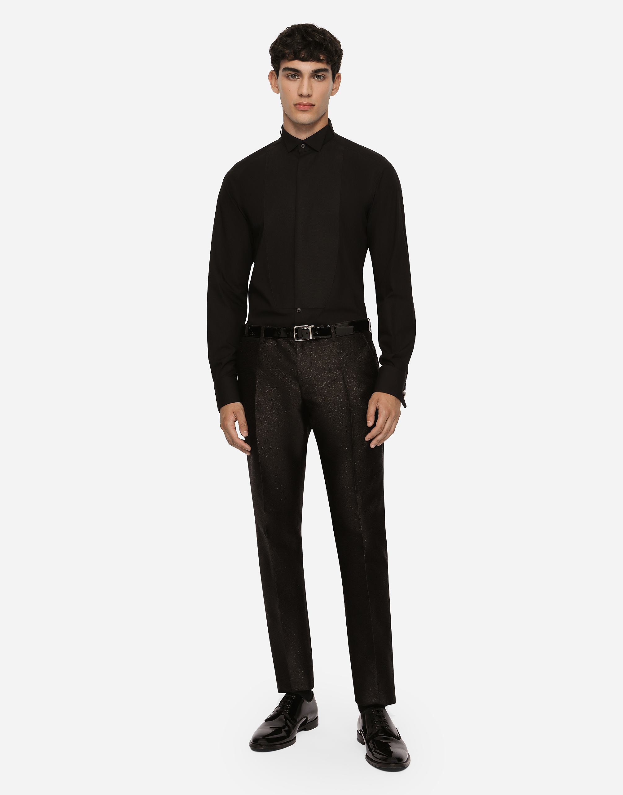 Shop Dolce & Gabbana Cotton Poplin Gold-fit Tuxedo Shirt In Black