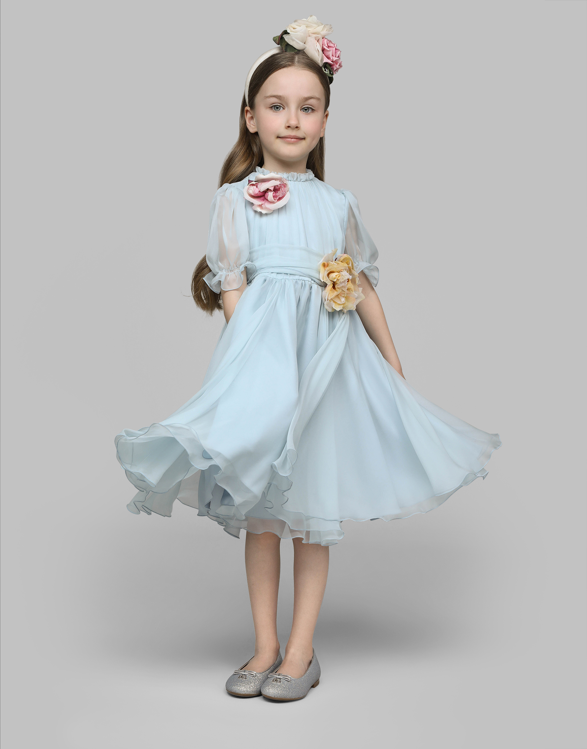 Dolce & Gabbana Chiffon Dress With 3d Flowers In Grey