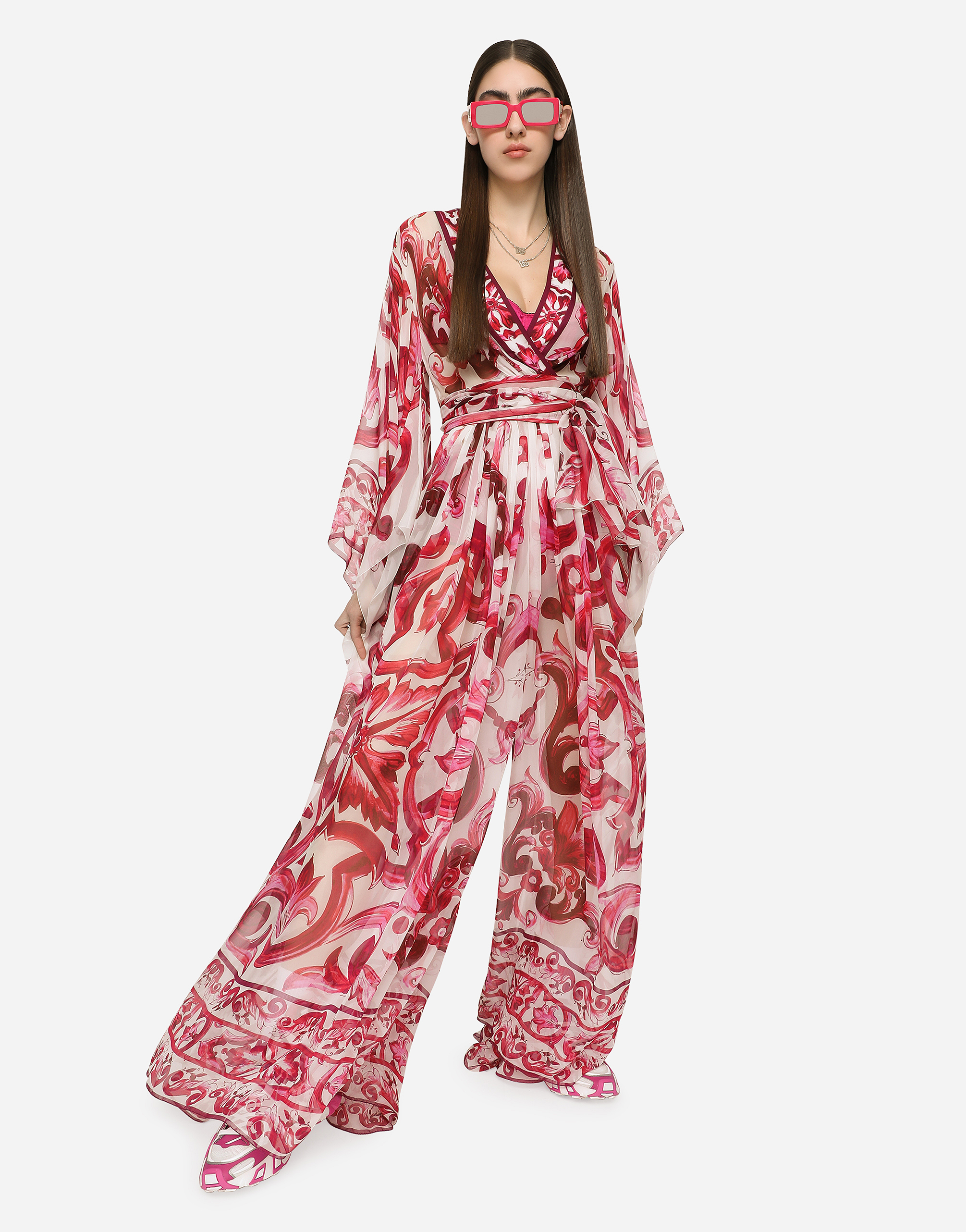 DOLCE & GABBANA LONG MAJOLICA-PRINT CHIFFON DRESS