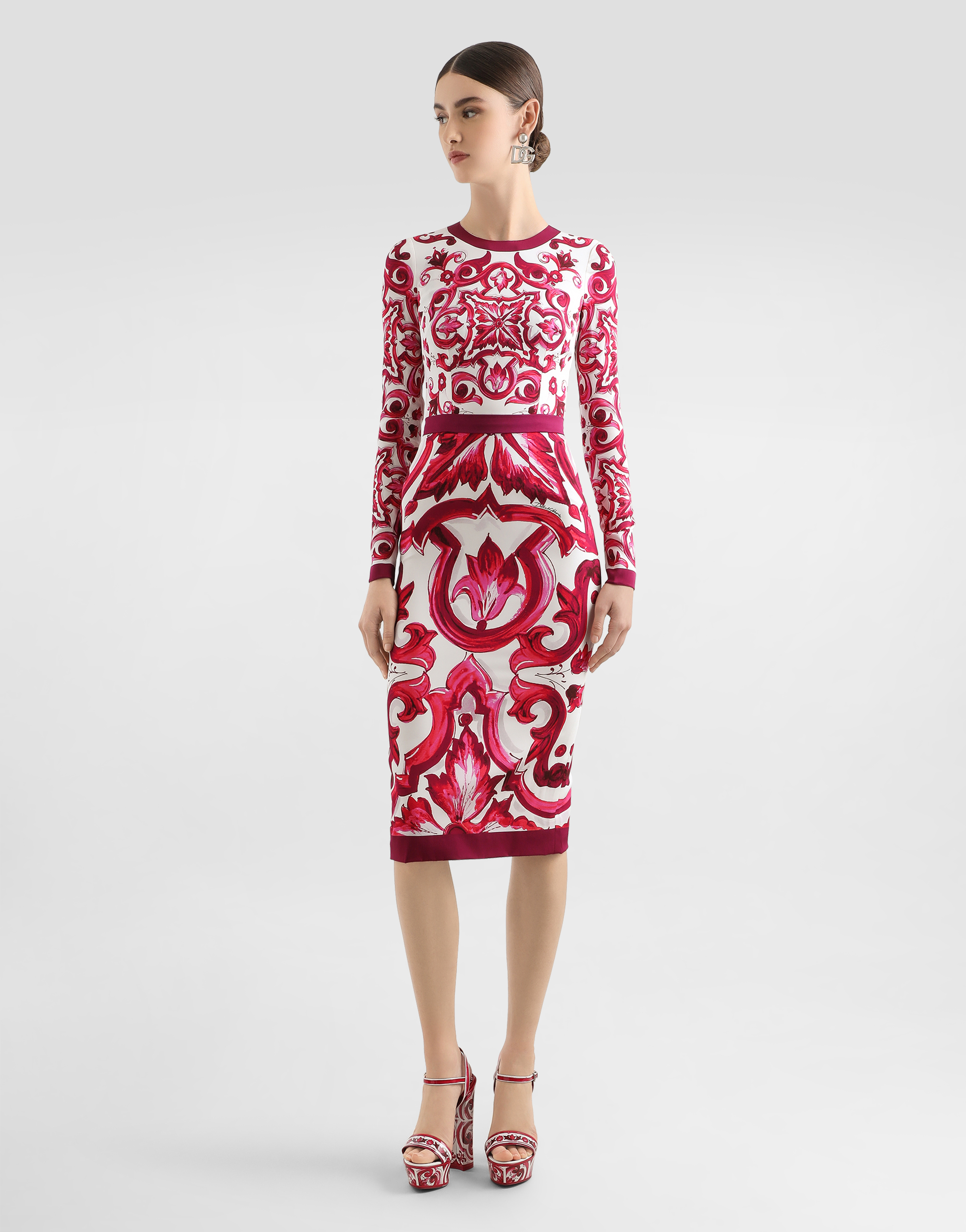 DOLCE & GABBANA MAJOLICA-PRINT CHARMEUSE MIDI DRESS