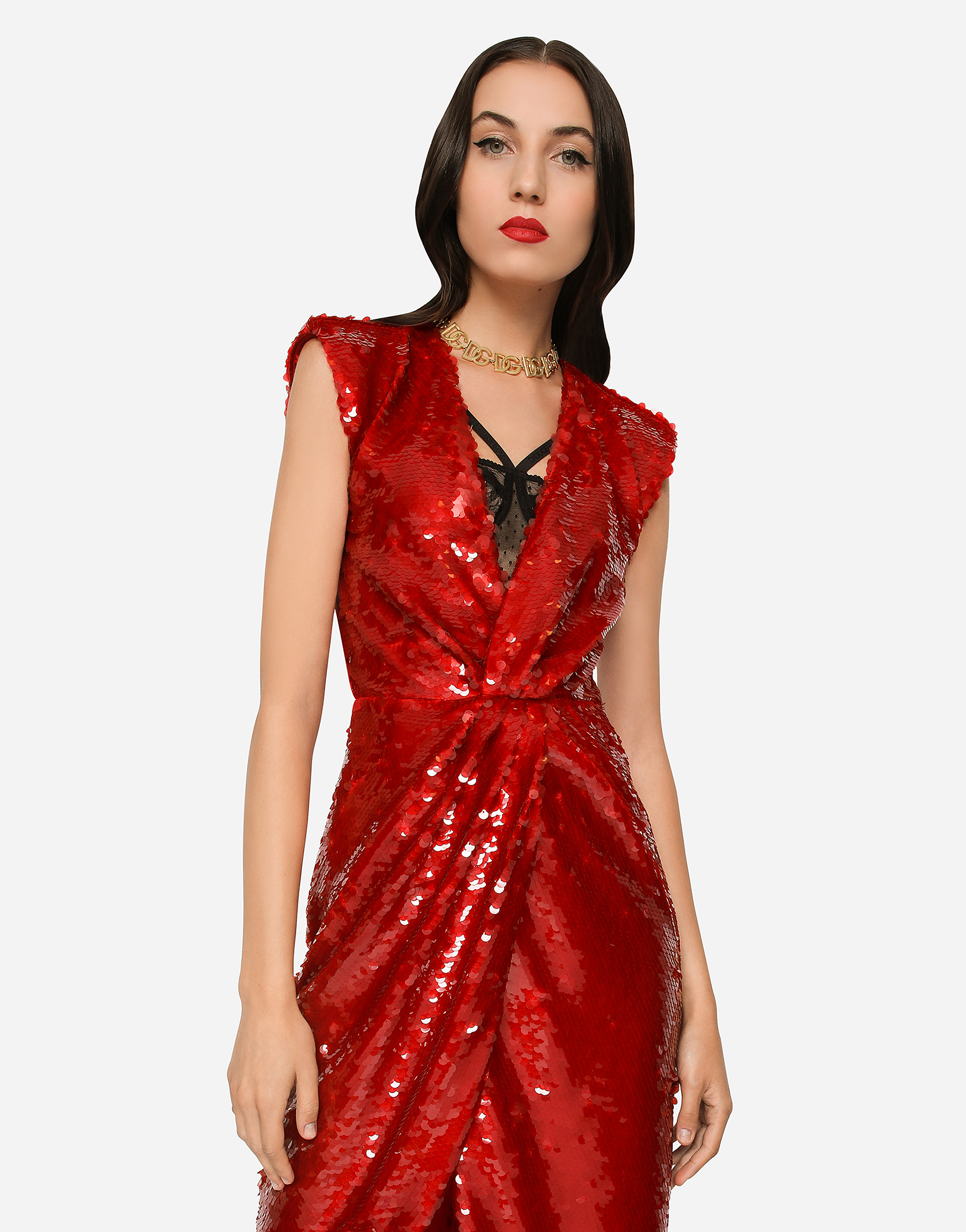 Shop Dolce & Gabbana Long Sequined Dress With Draping In Bordeaux