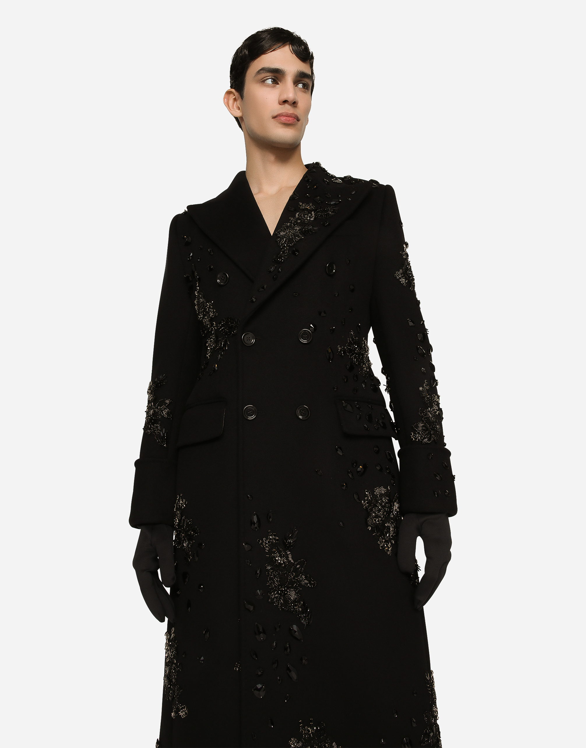 DOLCE & GABBANA DOUBLE-BREASTED COAT WITH EMBROIDERY AND STONES