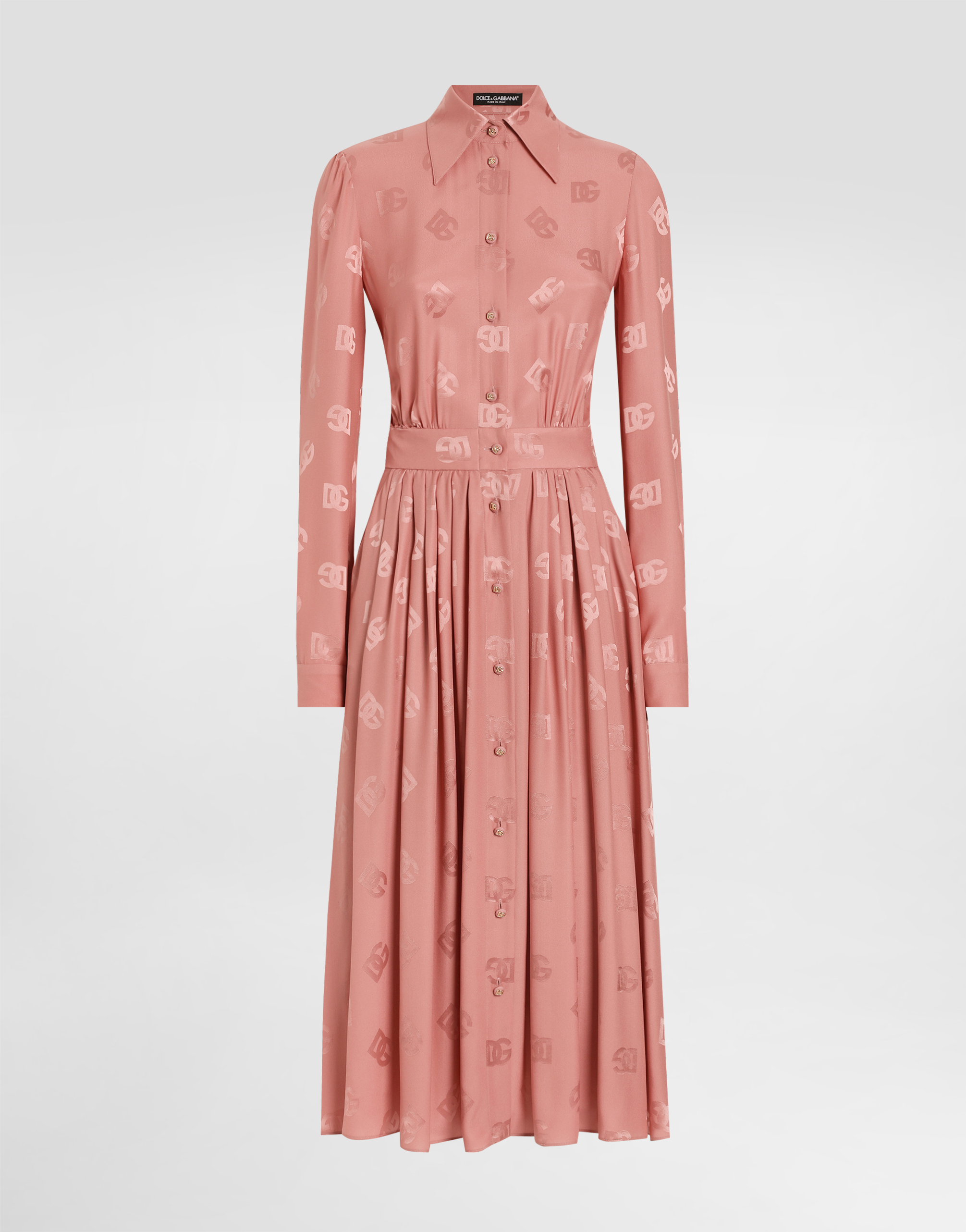 Dolce & Gabbana Silk Satin Jacquard Shirt Dress With Dg Logo - Woman Dresses Pink