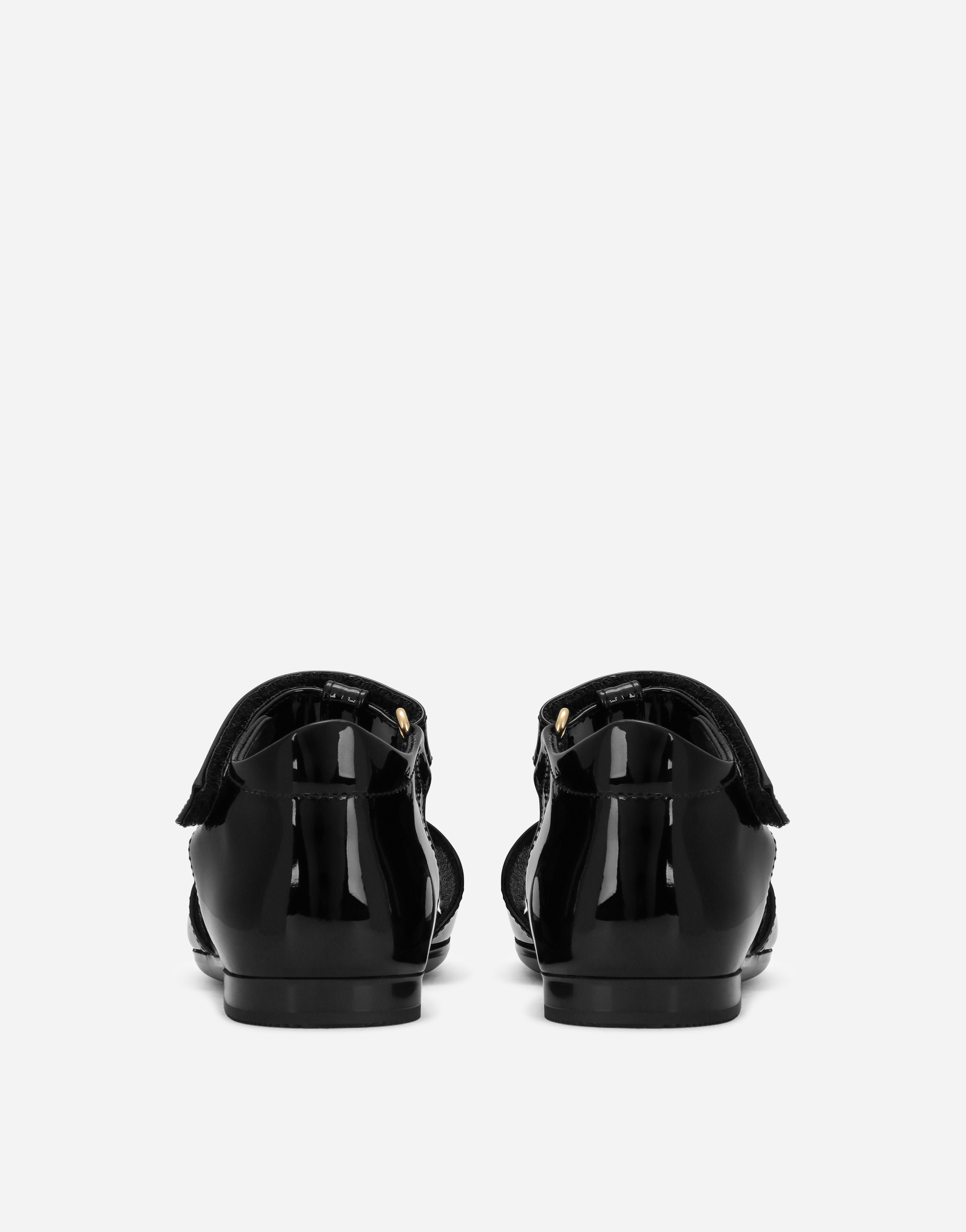 Shop Dolce & Gabbana Patent Leather First Steps Sandals With Metal Dg Logo In Black