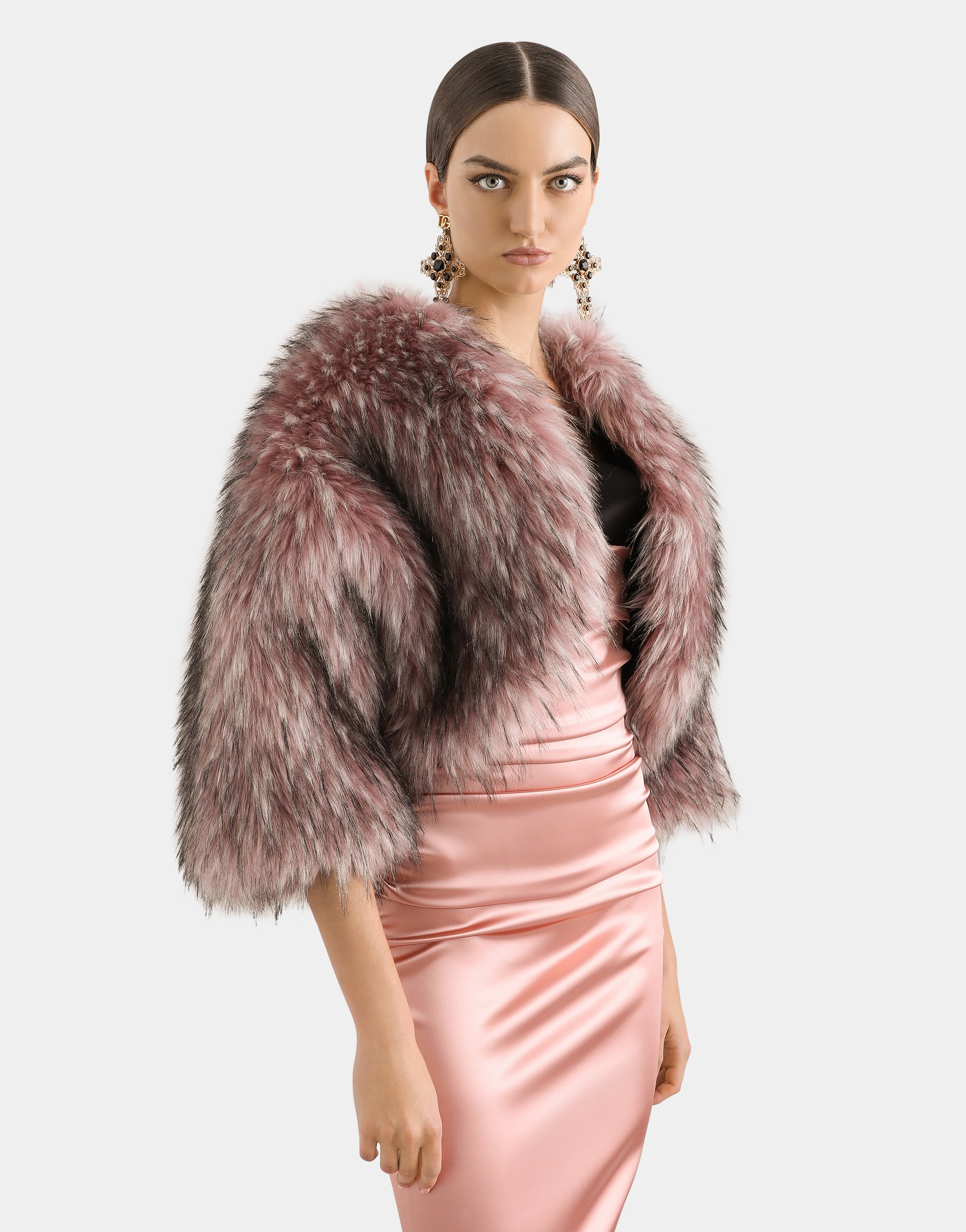 Dolce & Gabbana Faux Fur Cropped Jacket In Pink