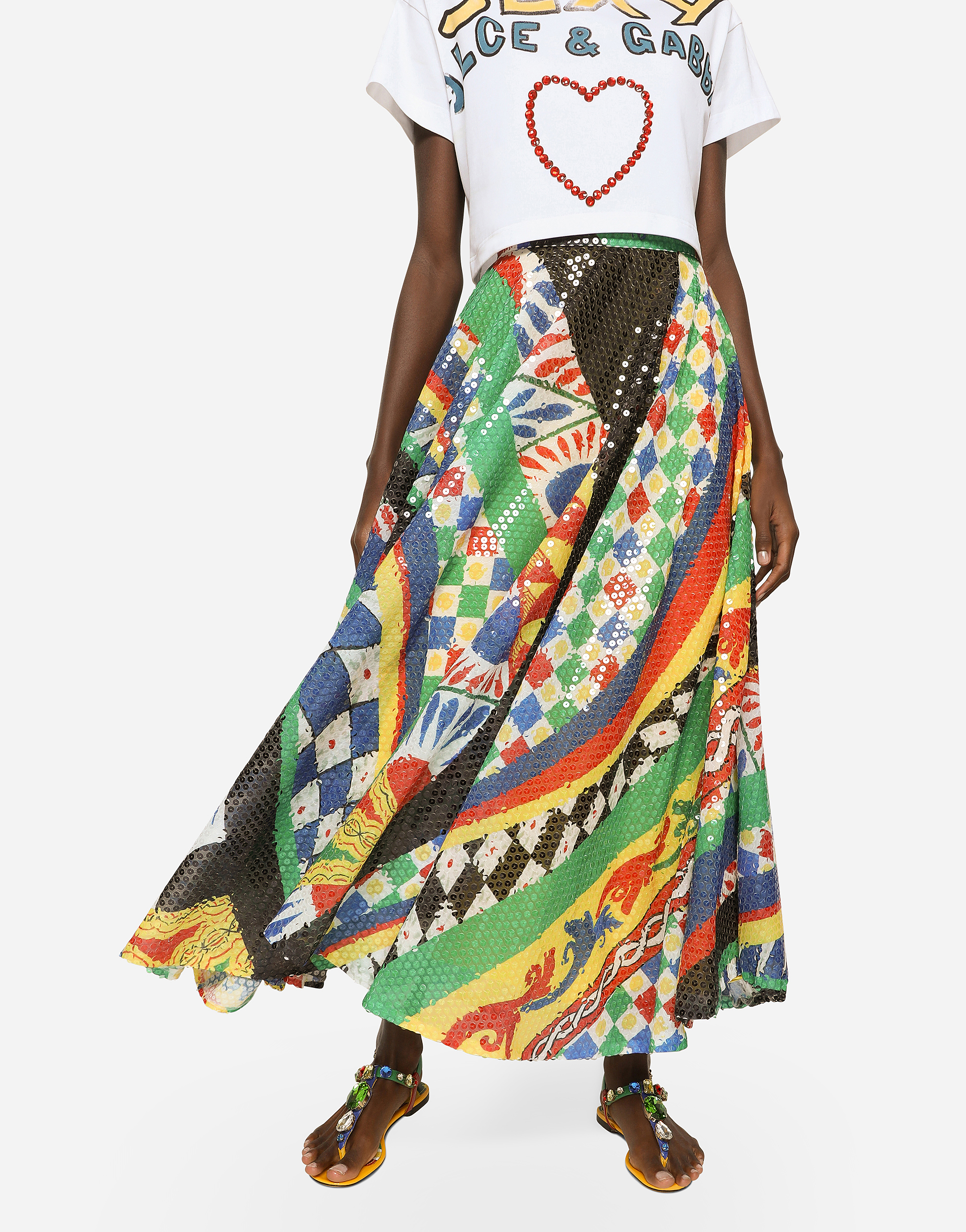 DOLCE & GABBANA LONG SEQUINED CARRETTO-PATTERN SKIRT