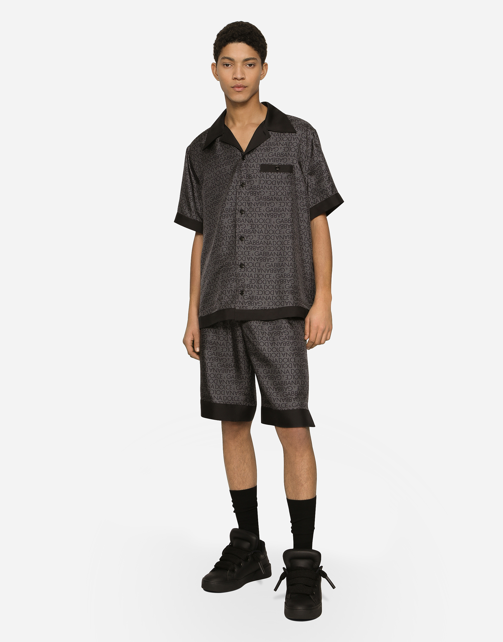 DOLCE & GABBANA SILK TWILL JOGGING SHORTS WITH LOGO PRINT