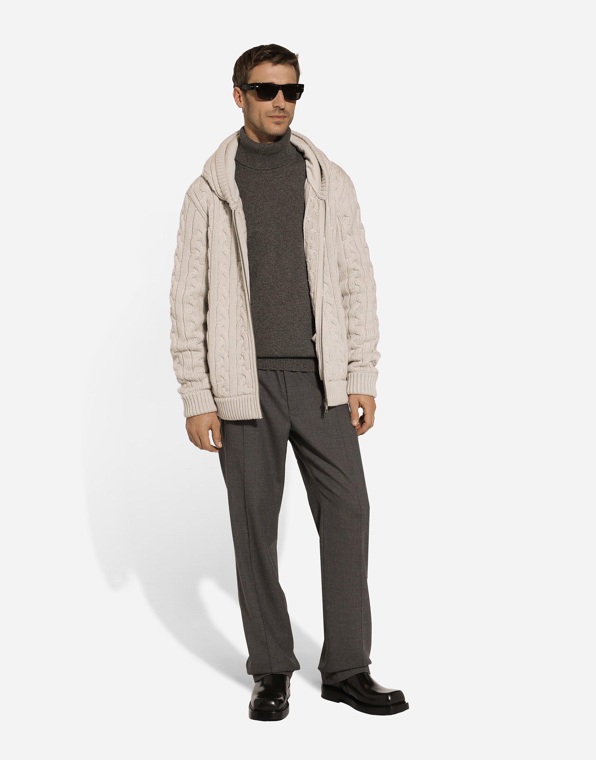 Dolce & Gabbana Cashmere And Wool Zip-up Hoodie With Dg Patch In Beige