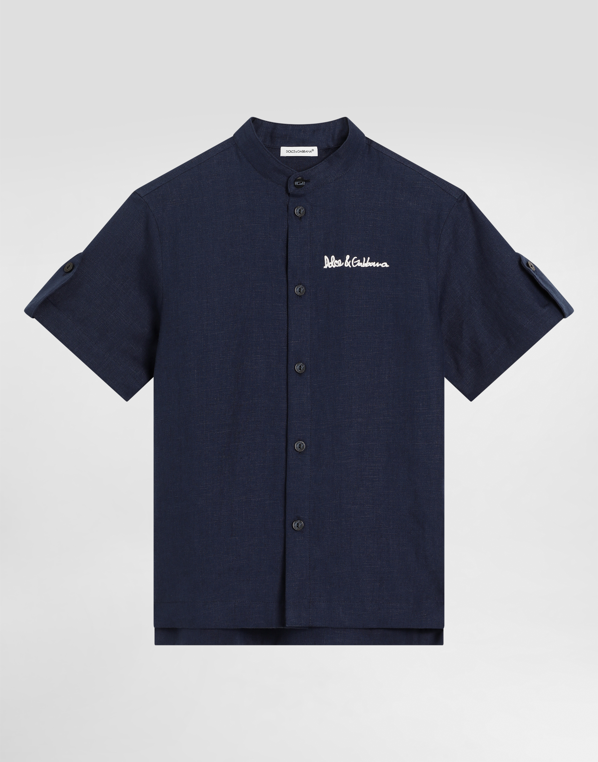 Dolce & Gabbana Non-stretch Linen Shirt With Dolce&gabbana Logo In Blue