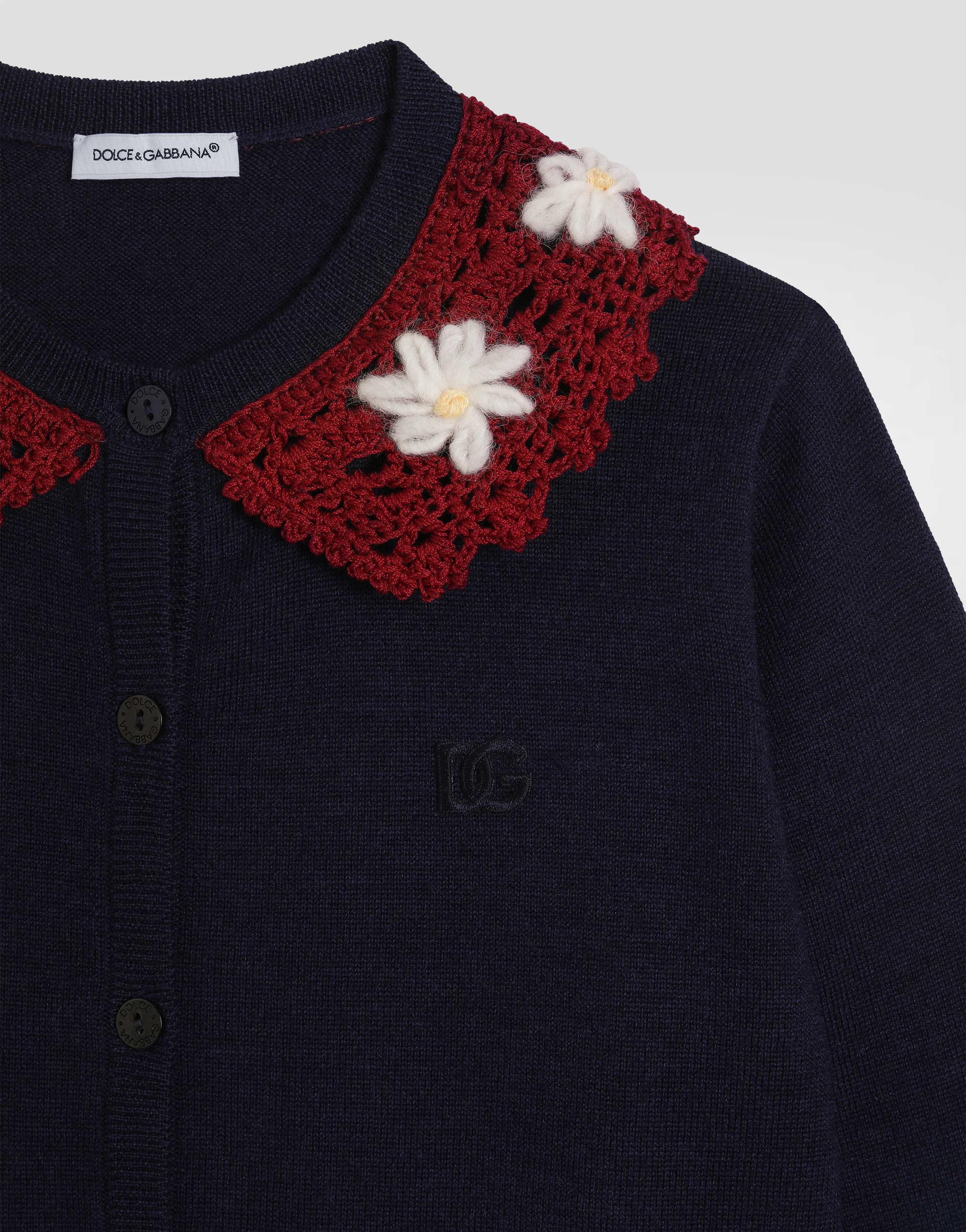 Wool cardigan with embroidered crochet collar