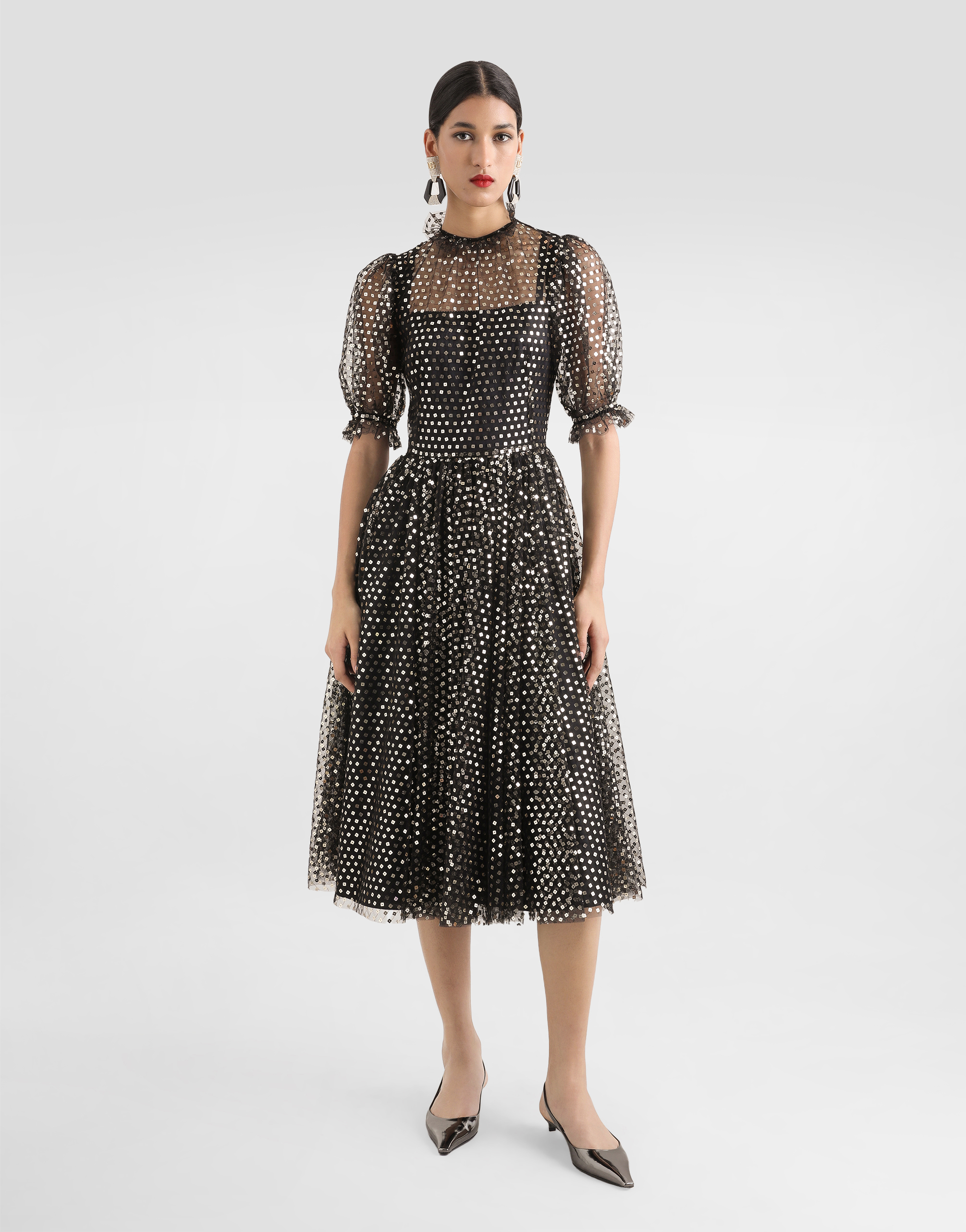 Dolce & Gabbana Calf-length Tulle Babydoll Dress With Sequin Embellishment In Gold
