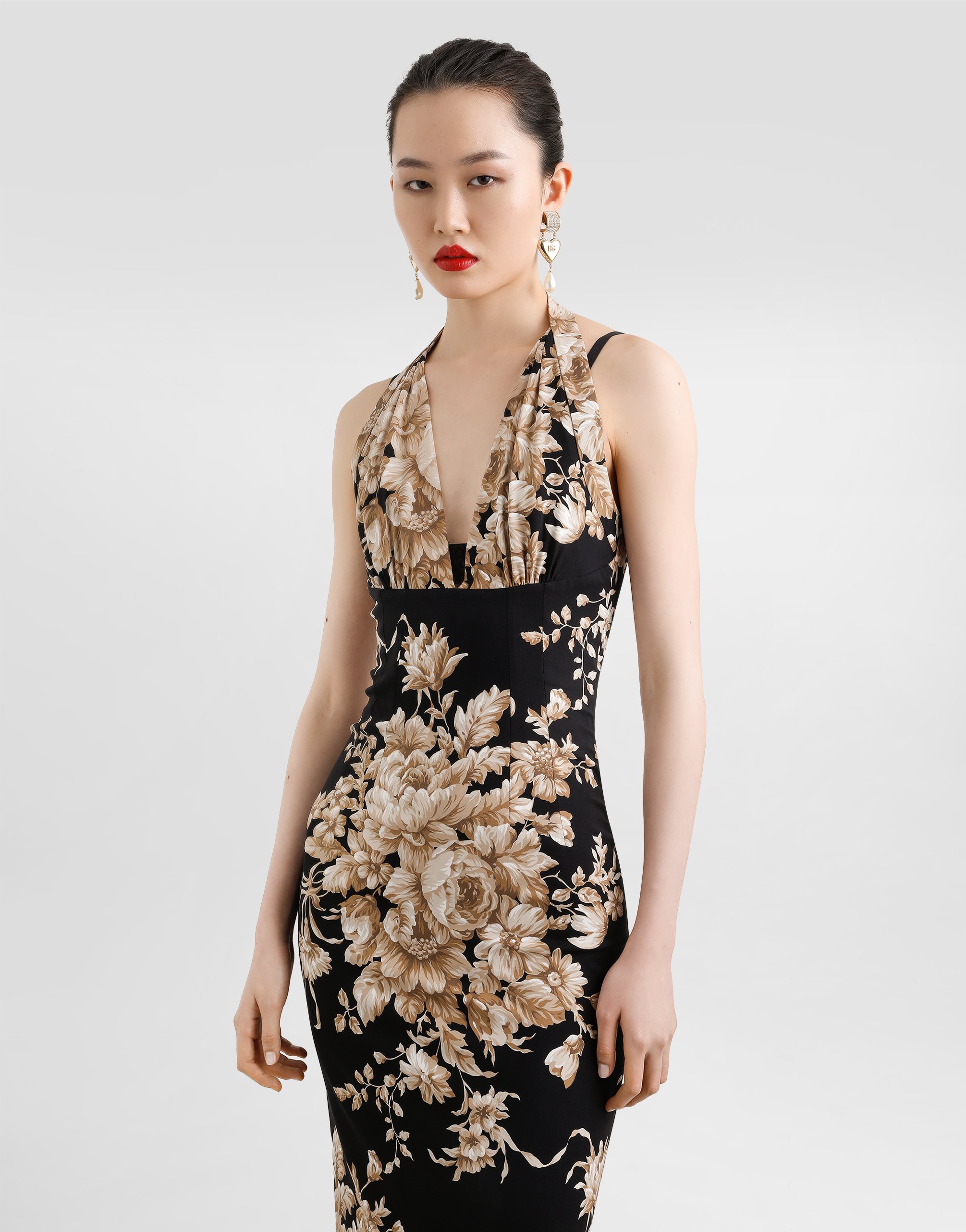 Dolce & Gabbana Floral Silk-charmeuse Midi Halter Dress In Multi