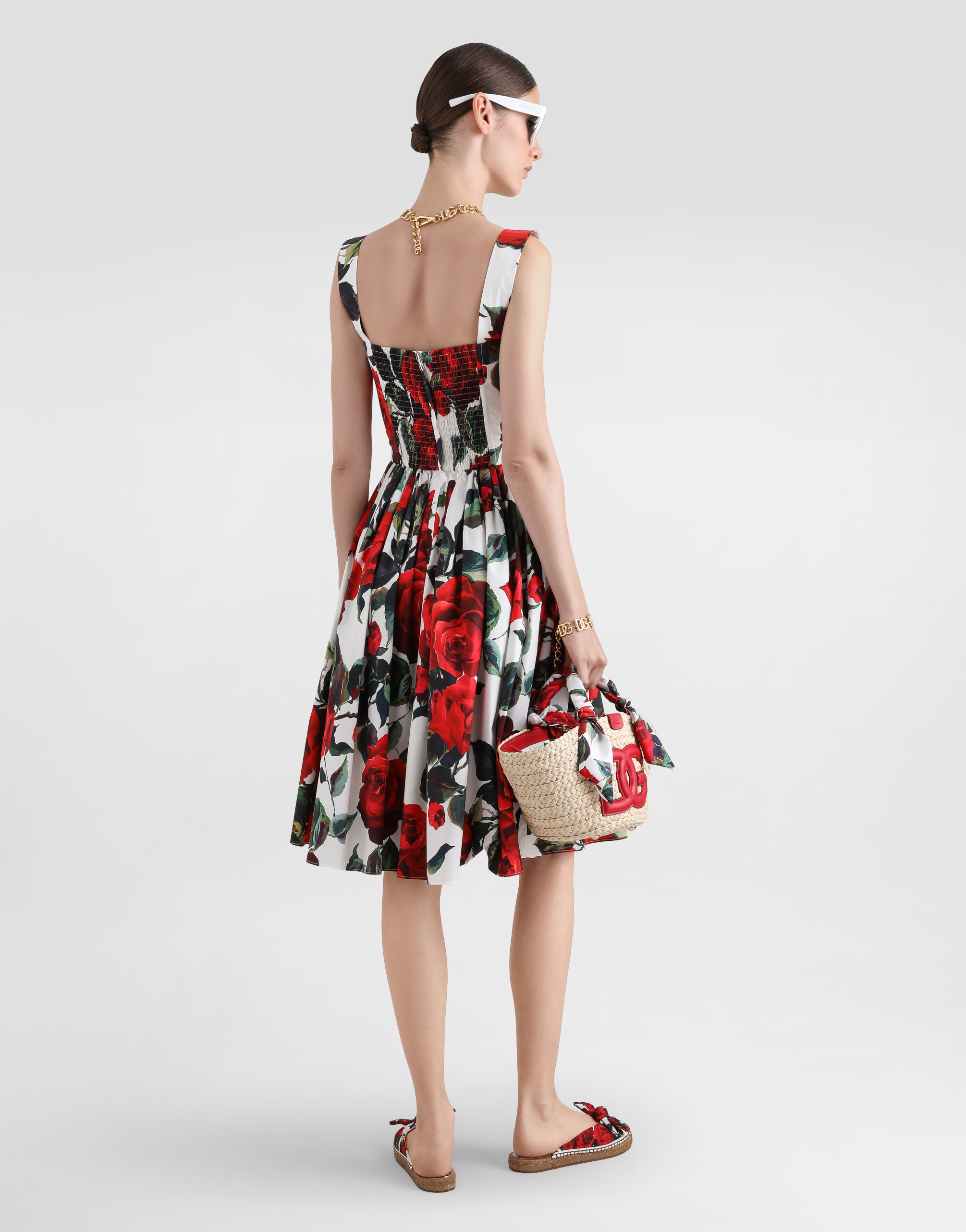 Dolce & Gabbana Calf-length Corset Dress With Rose Print In Print