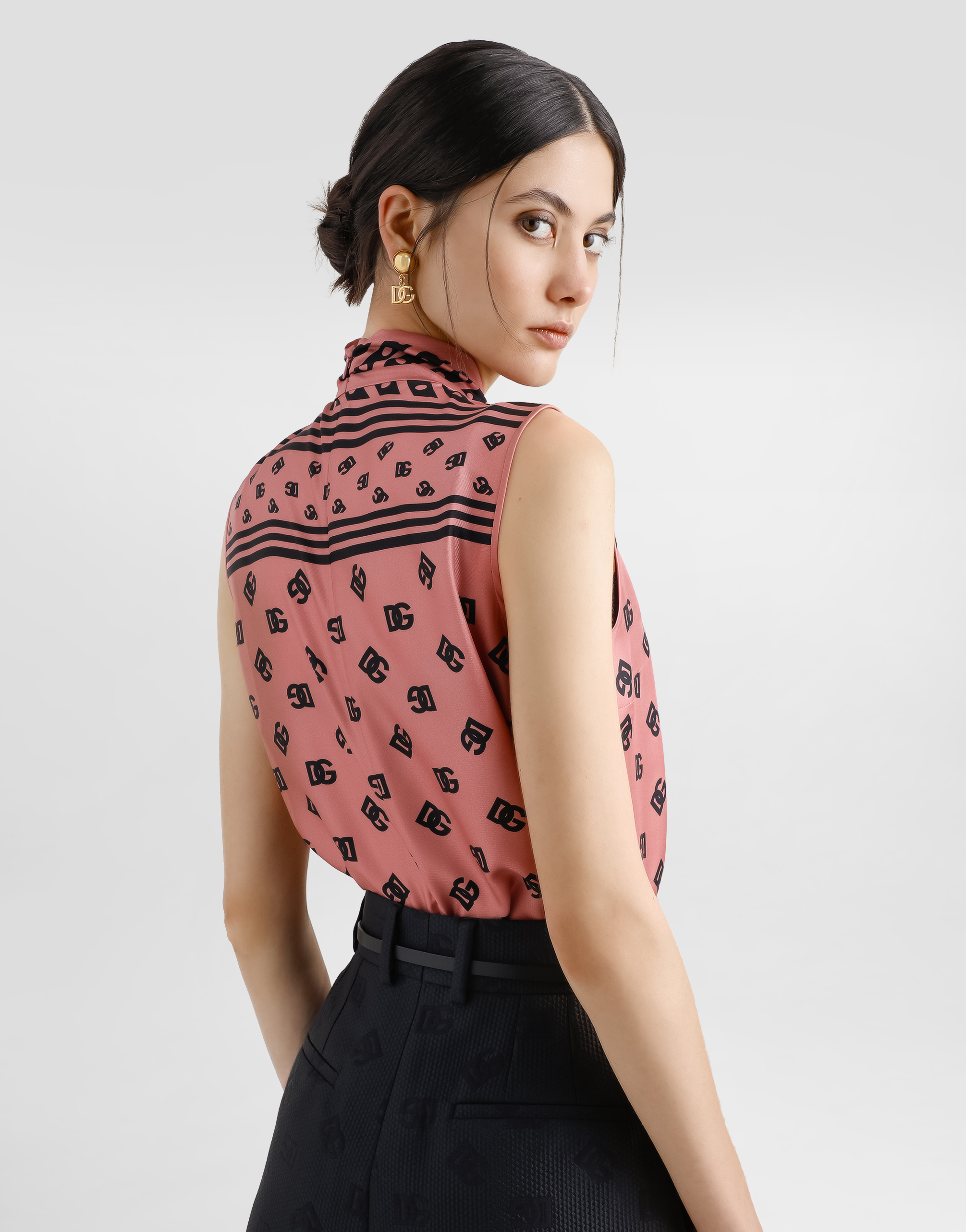 Dolce & Gabbana Silk Foulard Print Dg Allover Logo Bow Top