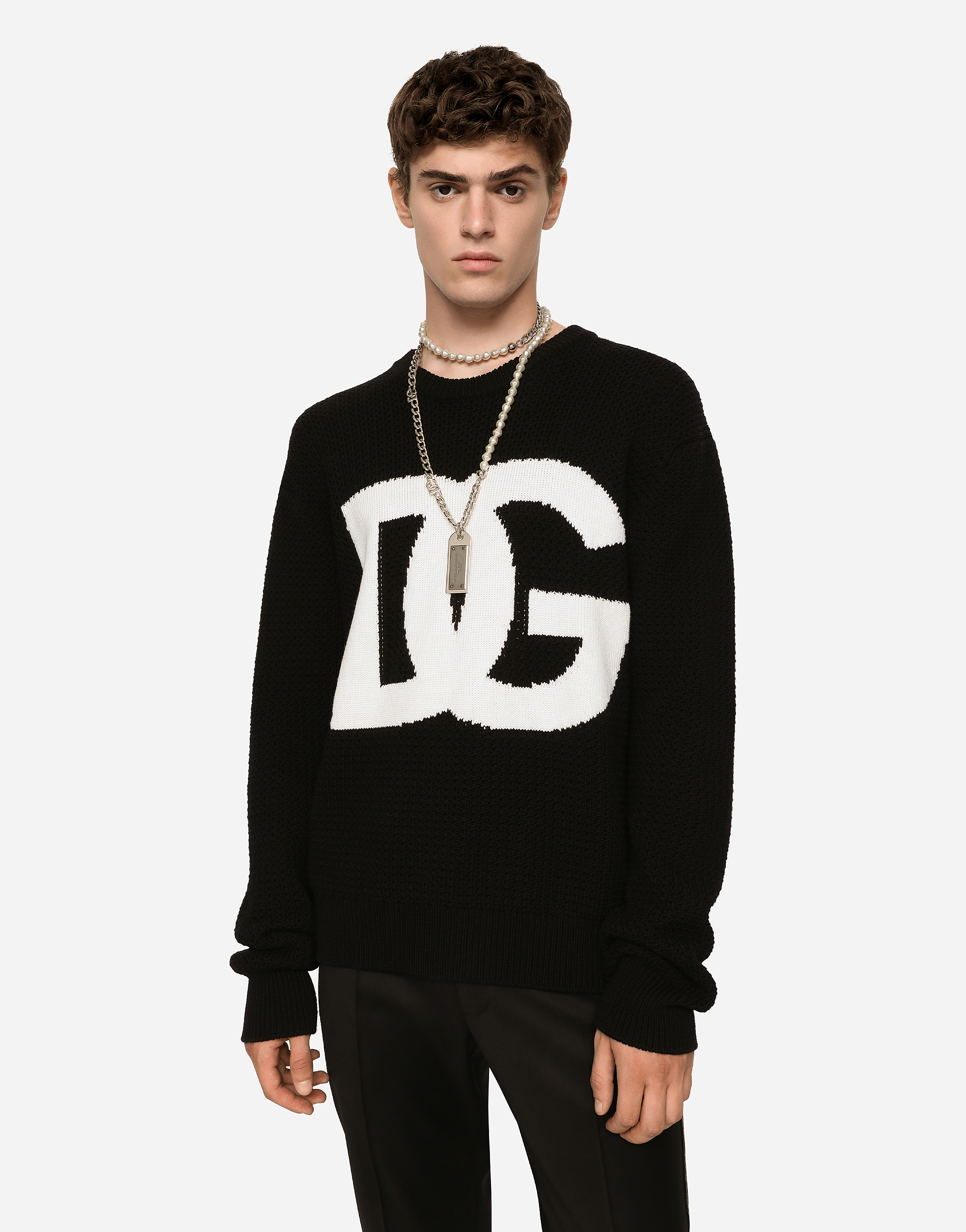 Shop Dolce & Gabbana Round-neck Wool Sweater With Dg Logo Inlay In Multicolor