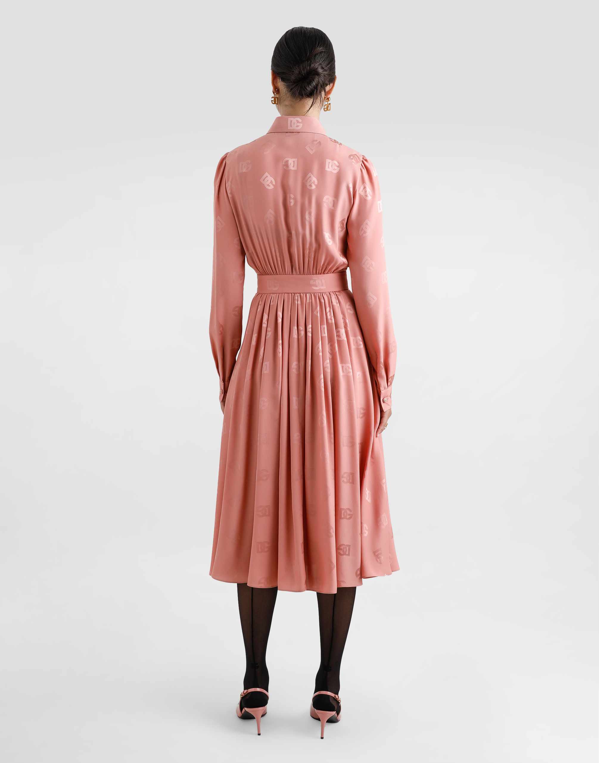 Dolce & Gabbana Silk Satin Jacquard Shirt Dress With Dg Logo In Pink