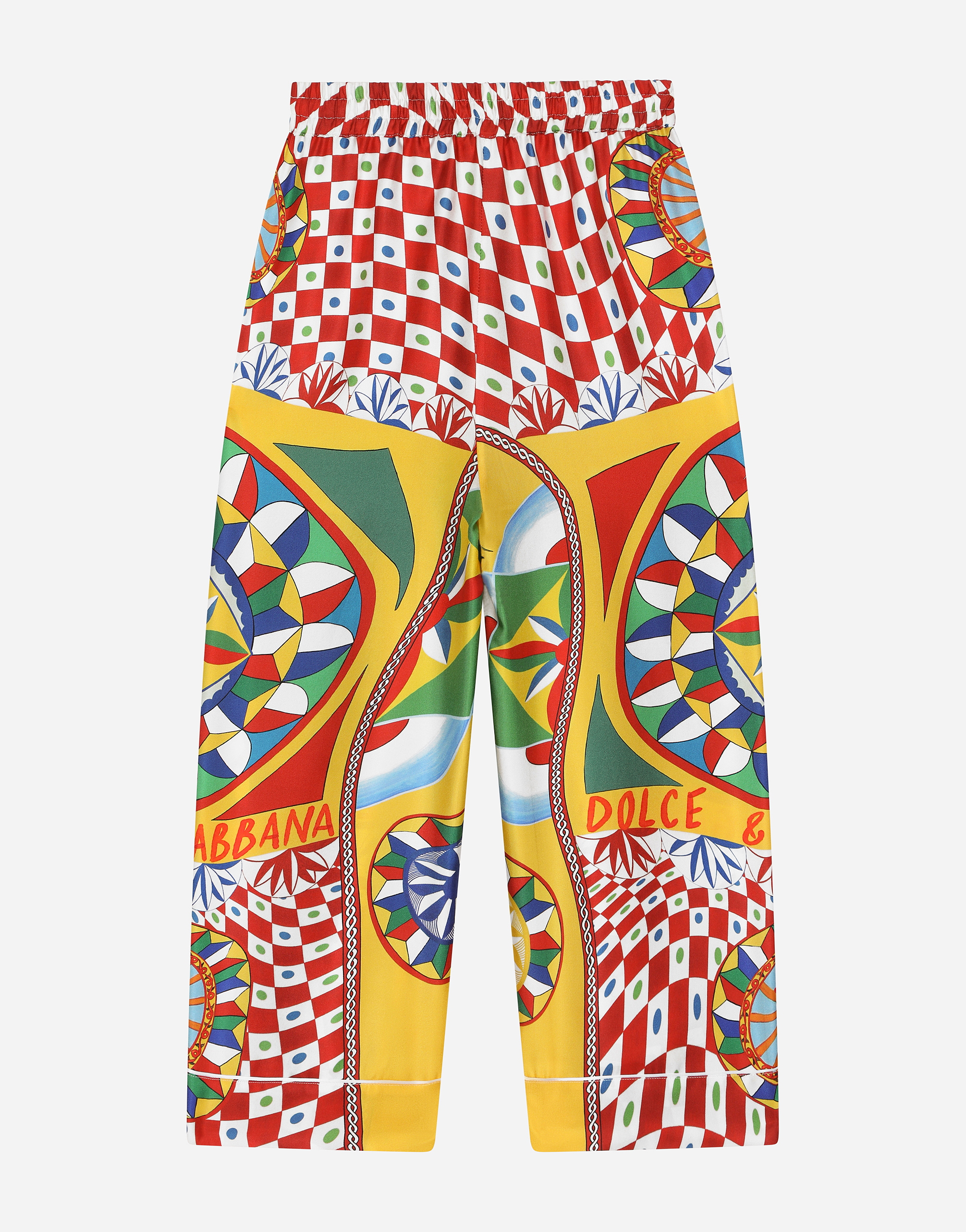 DOLCE & GABBANA CARRETTO-PRINT TWILL PANTS WITH CONTRASTING PIPING