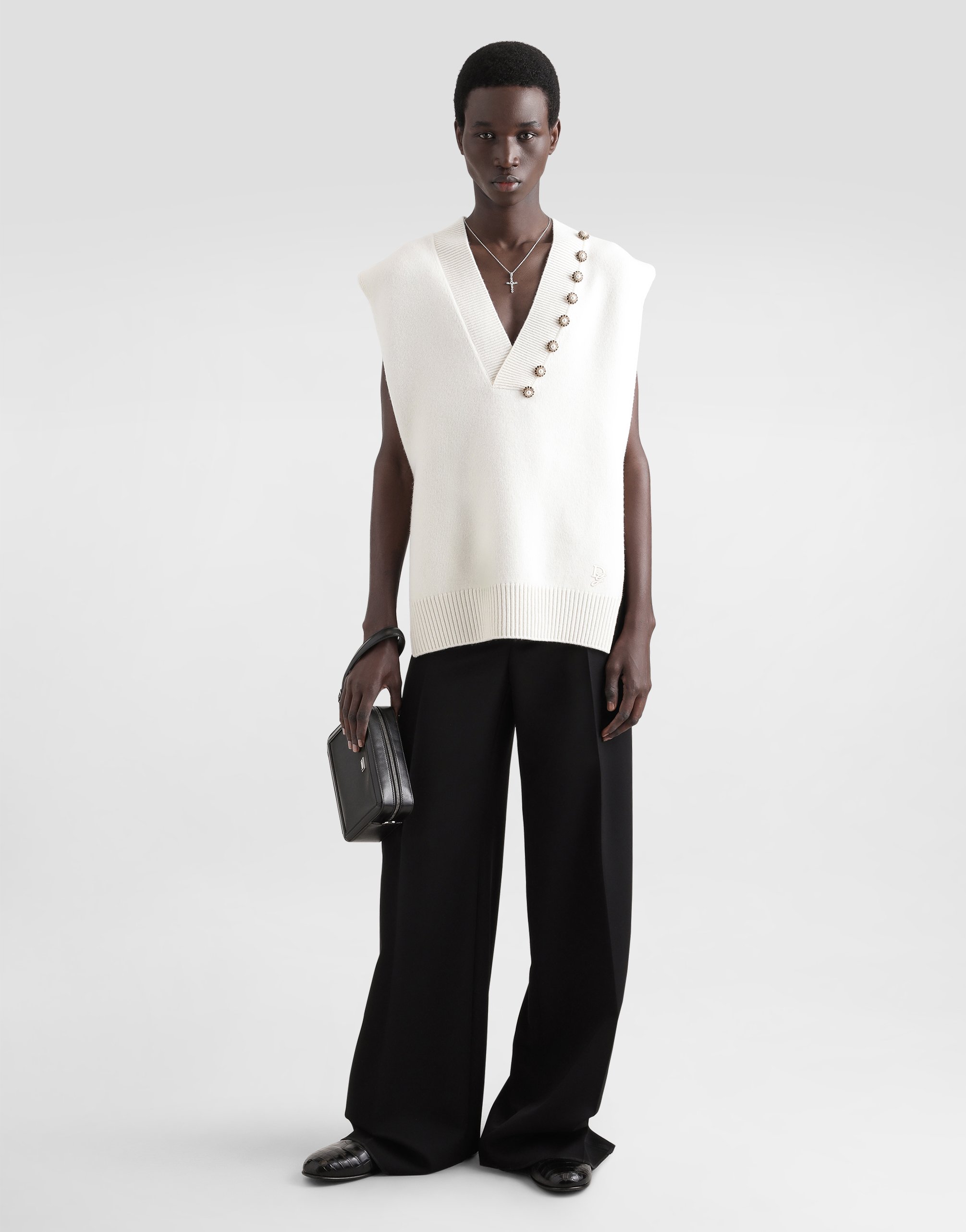 Dolce & Gabbana Wool V-neck Vest With Bejeweled Buttons And Dg Embroidery In White