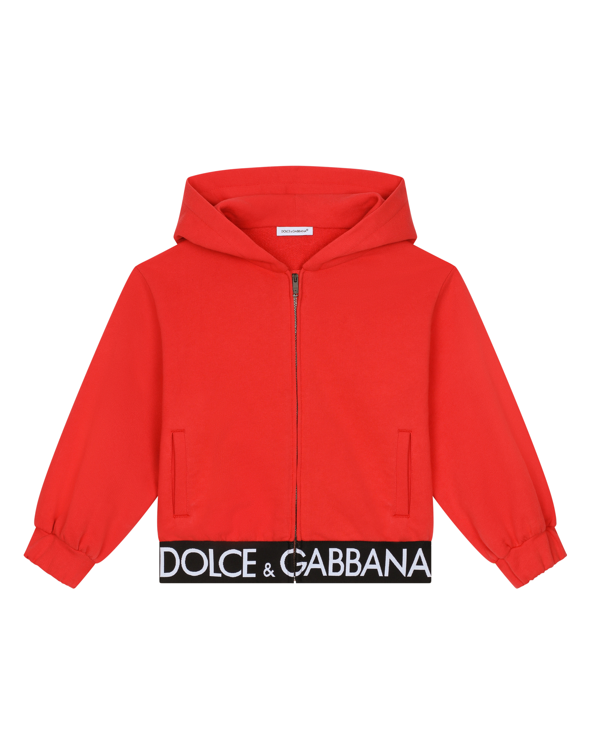 Dolce & Gabbana Kids' Jersey Hoodie With Branded Elastic In Red