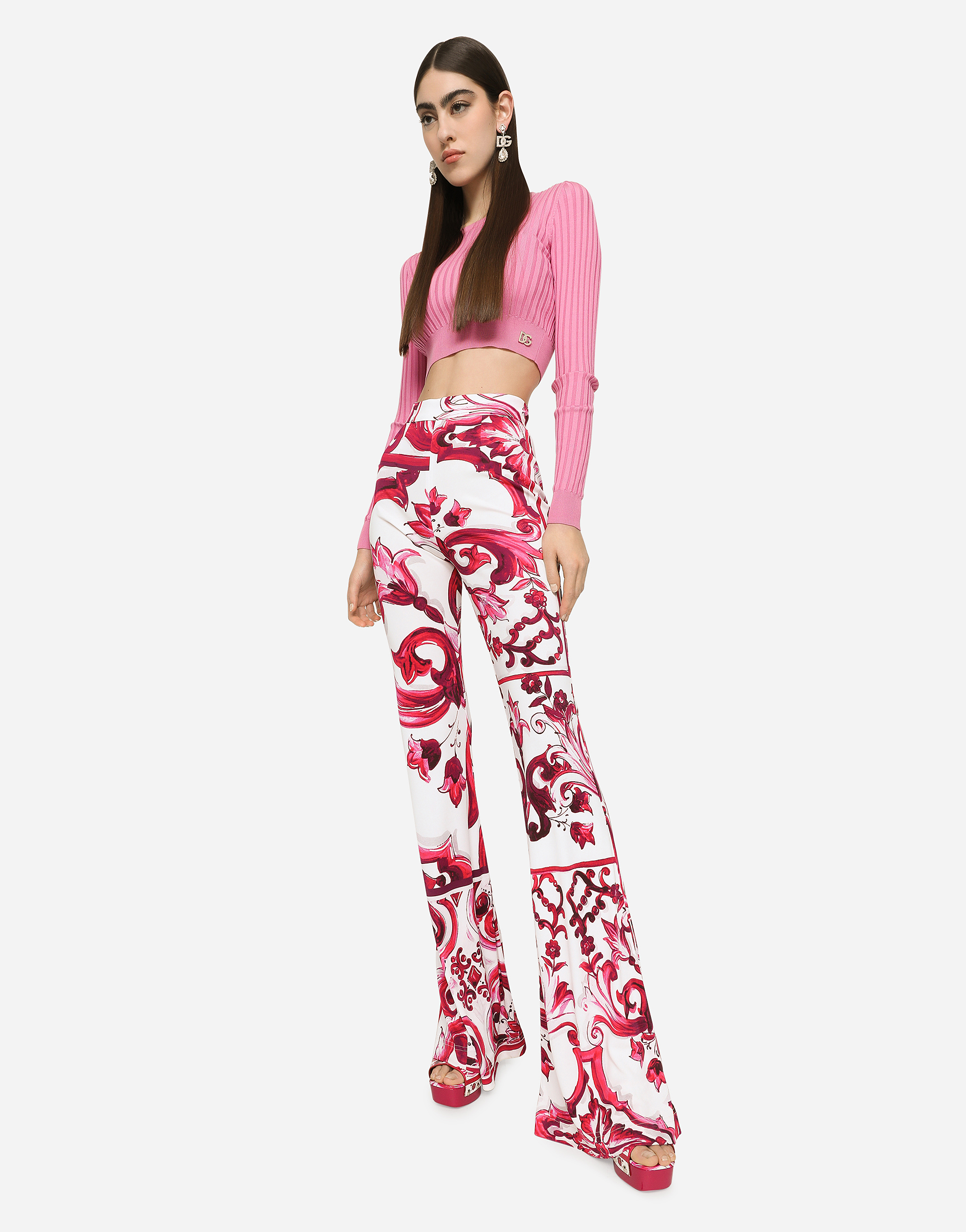 DOLCE & GABBANA FLARED MAJOLICA-PRINT ORGANZINE PANTS