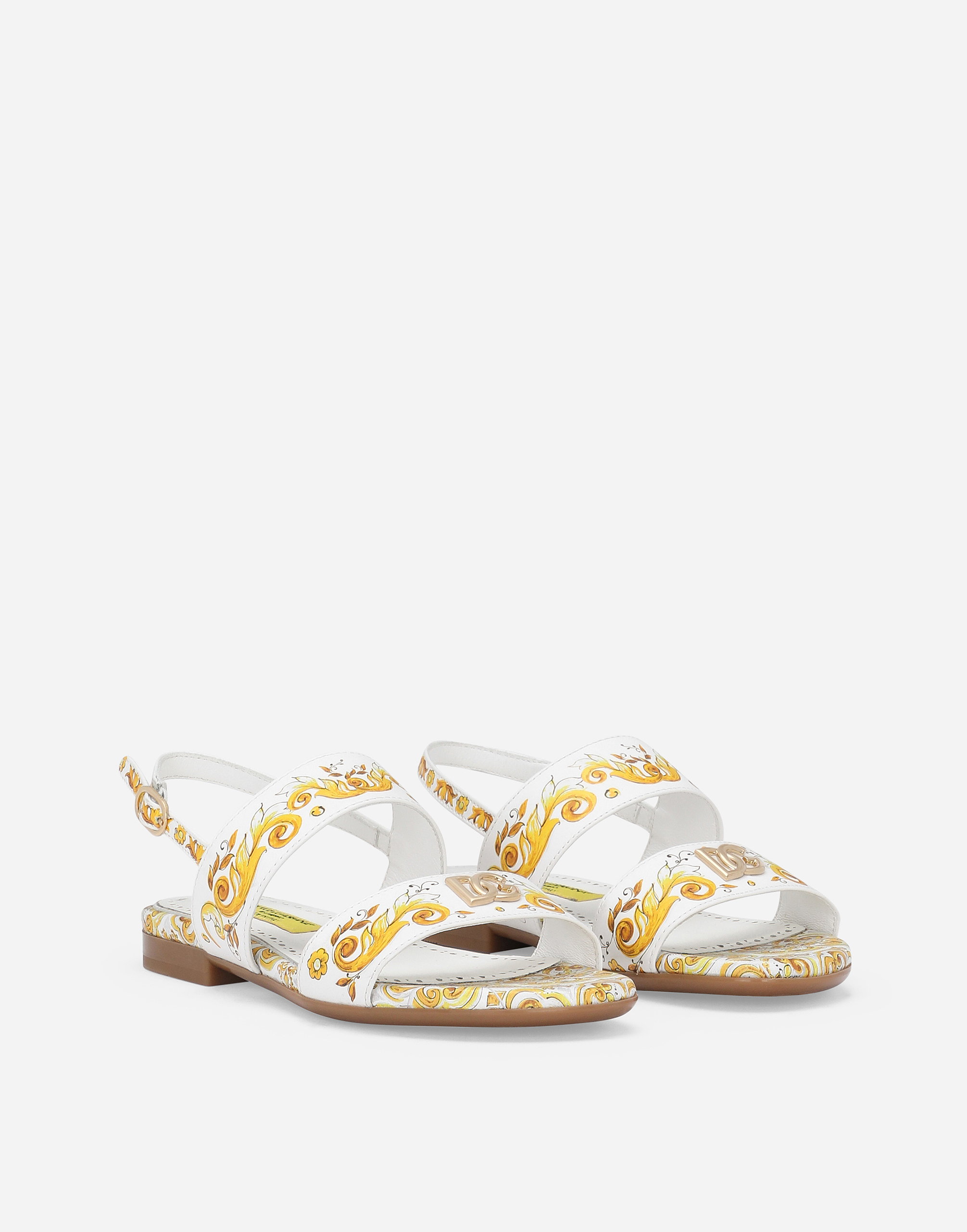 Dolce & Gabbana Calfskin Sandals With Yellow Majolica Print In Gold