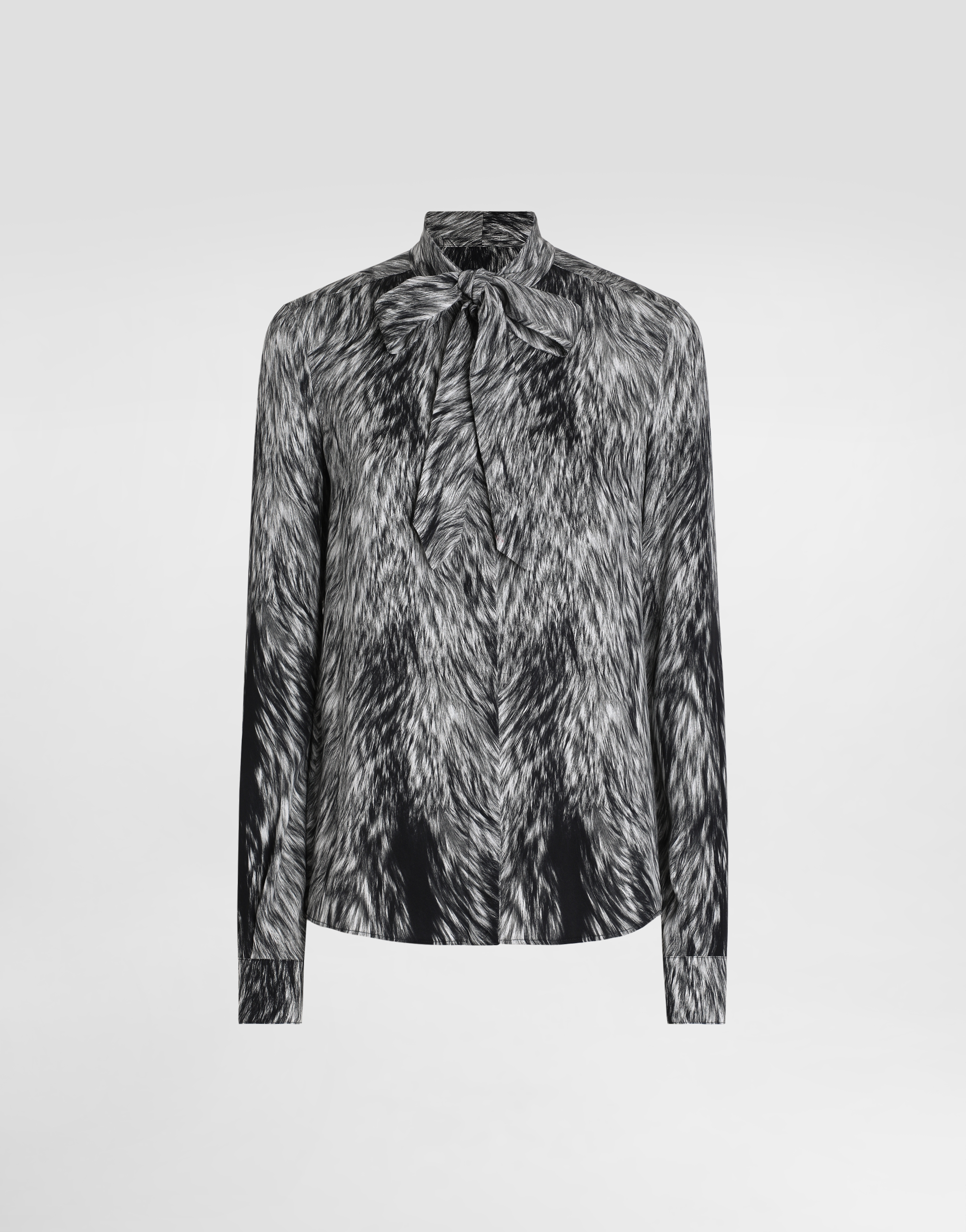 Dolce & Gabbana Fur-print Charmeuse Shirt With Pussy-bow In Grey
