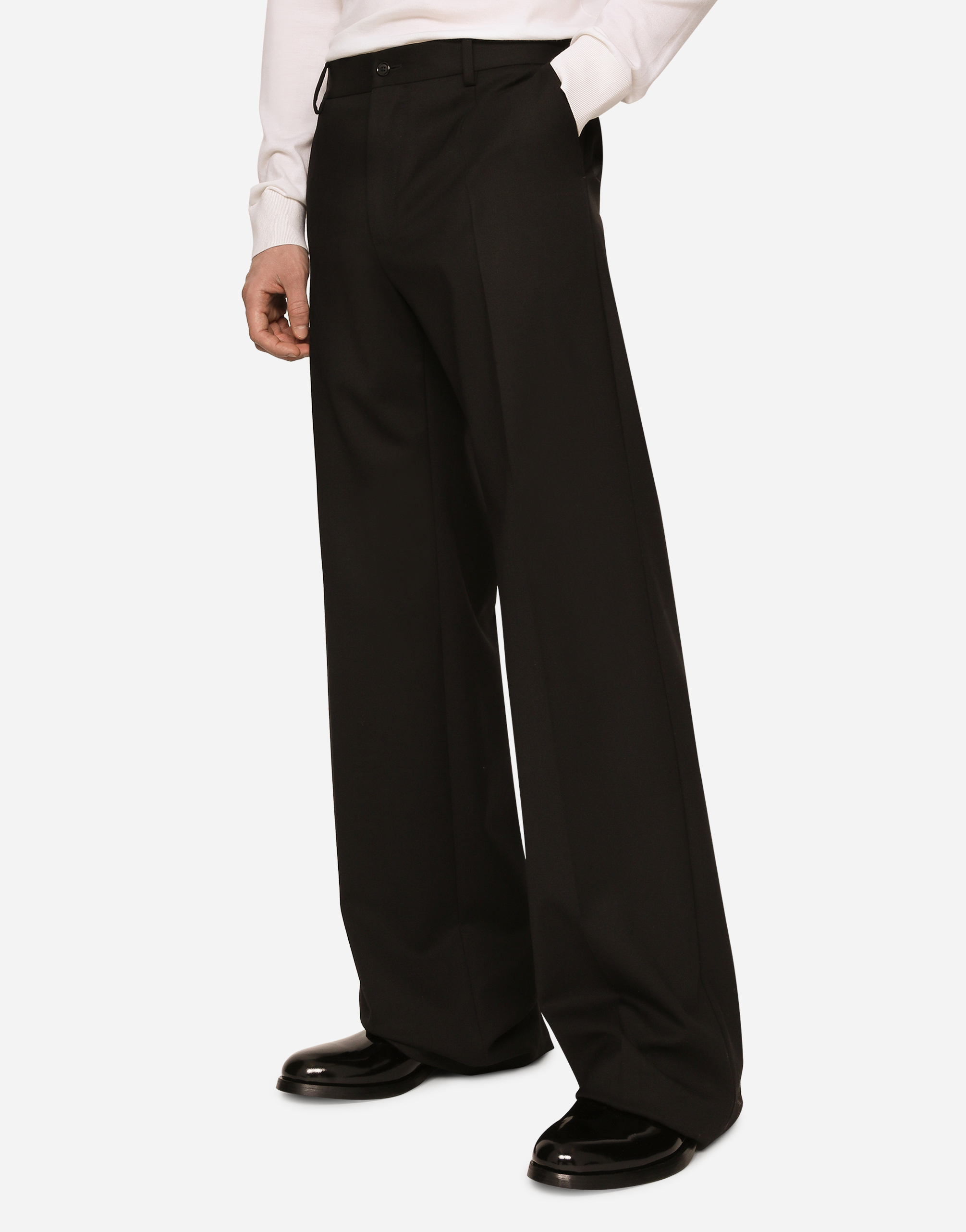 Shop Dolce & Gabbana Stretch Wool Twill Pants With Wide Leg In Black