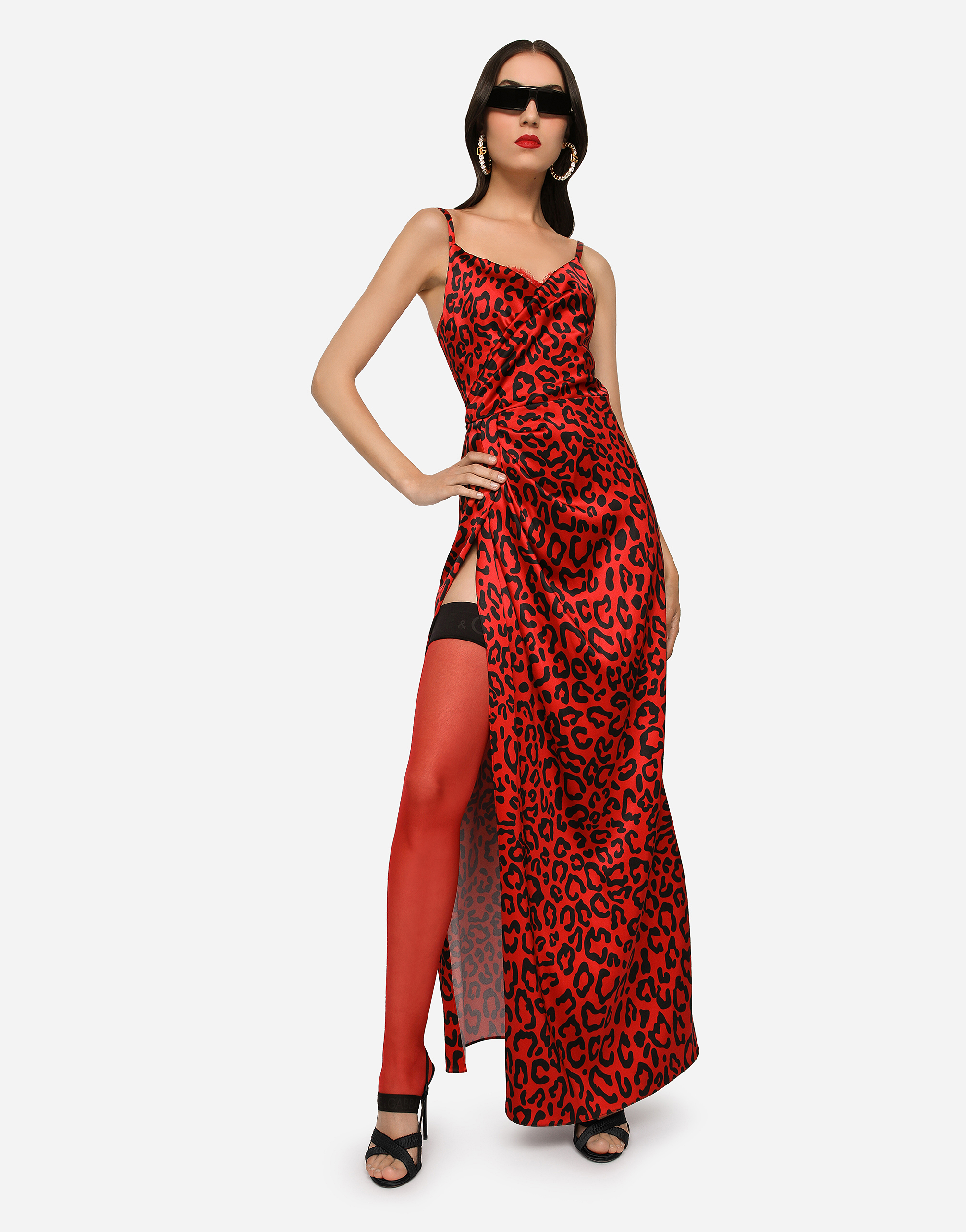 DOLCE & GABBANA LONG LEOPARD-PRINT SATIN DRESS