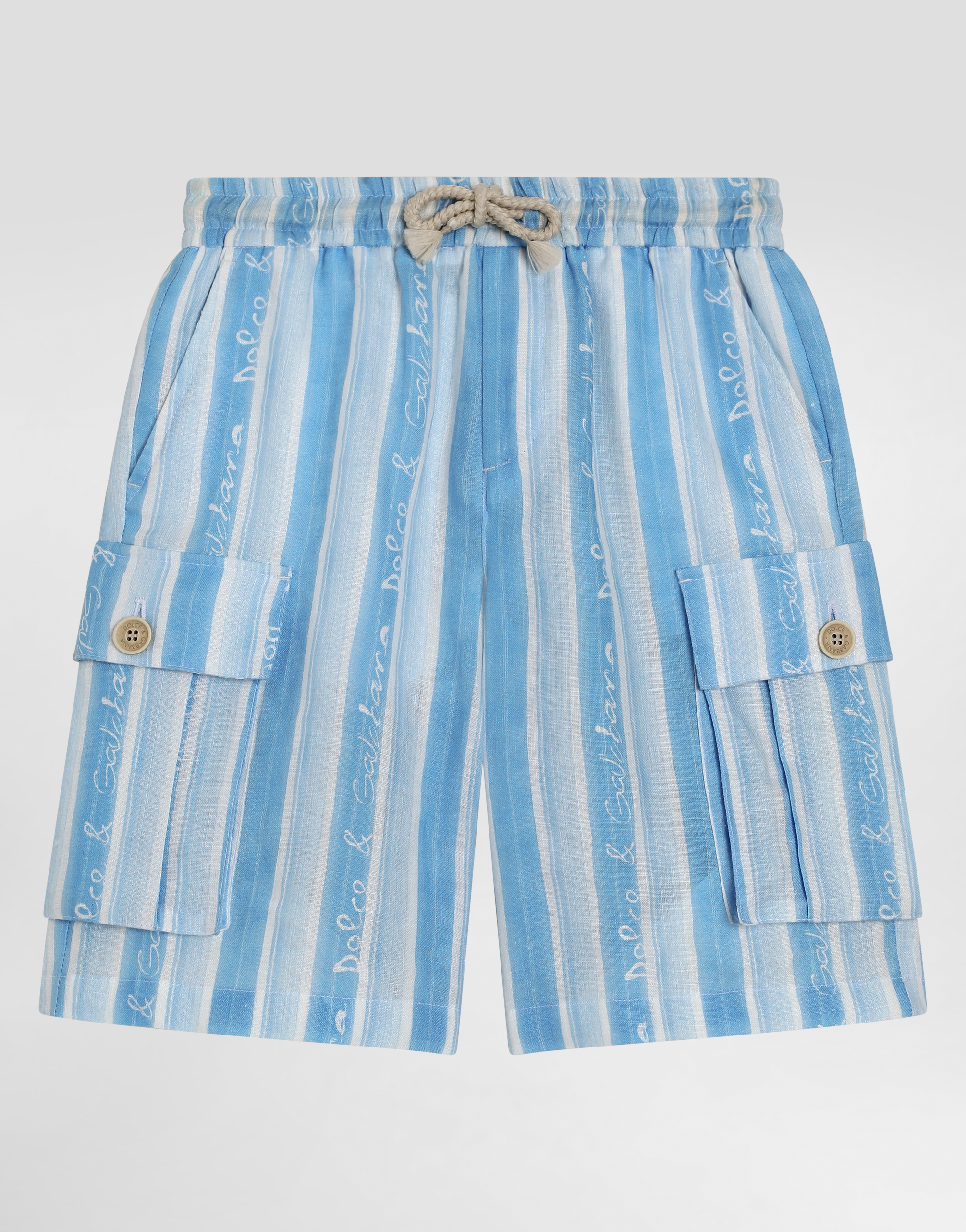 Dolce & Gabbana Canvas Cargo Shorts With Striped Print In Blue