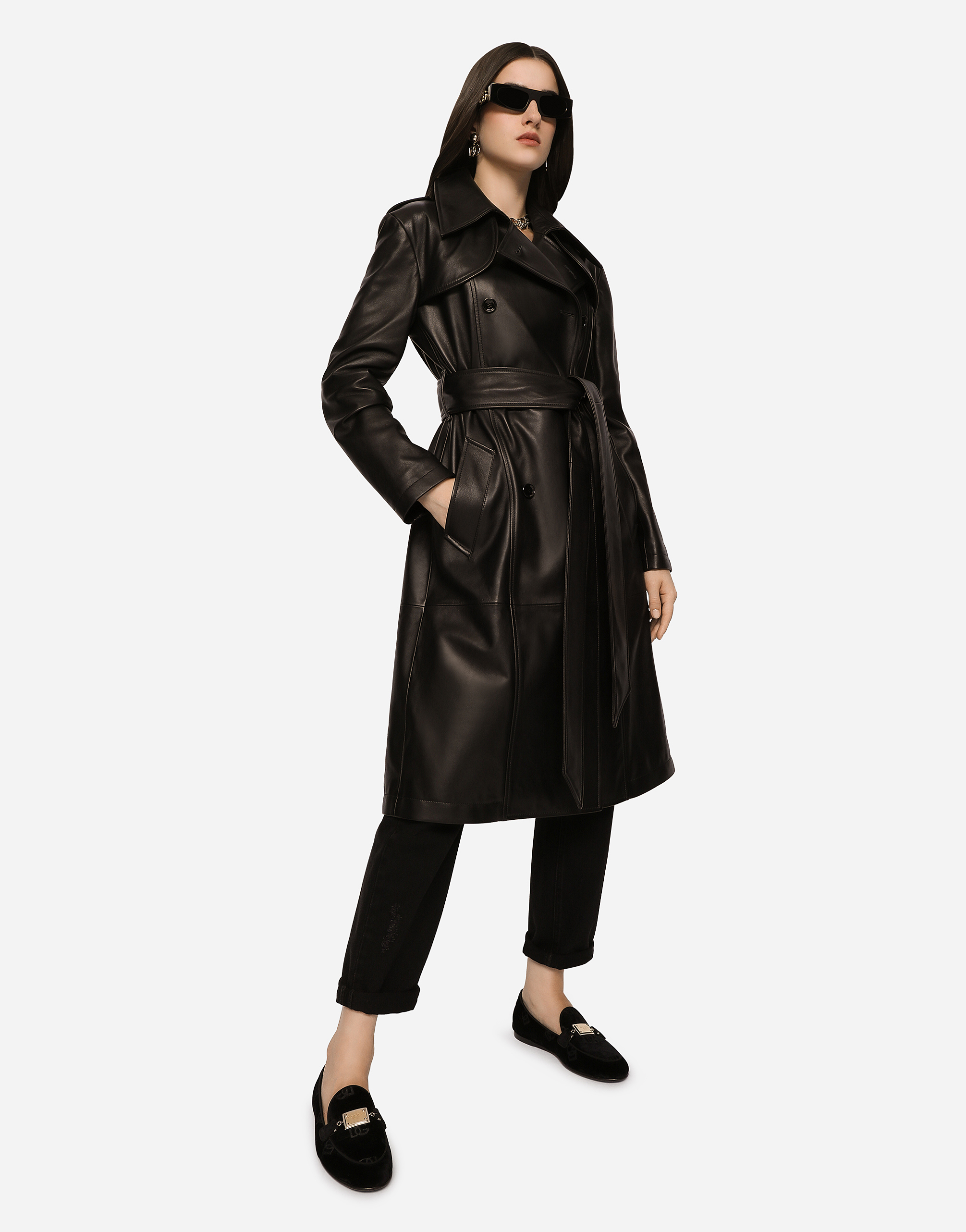 Dolce & Gabbana Belted Double-breasted Leather Coat In Black