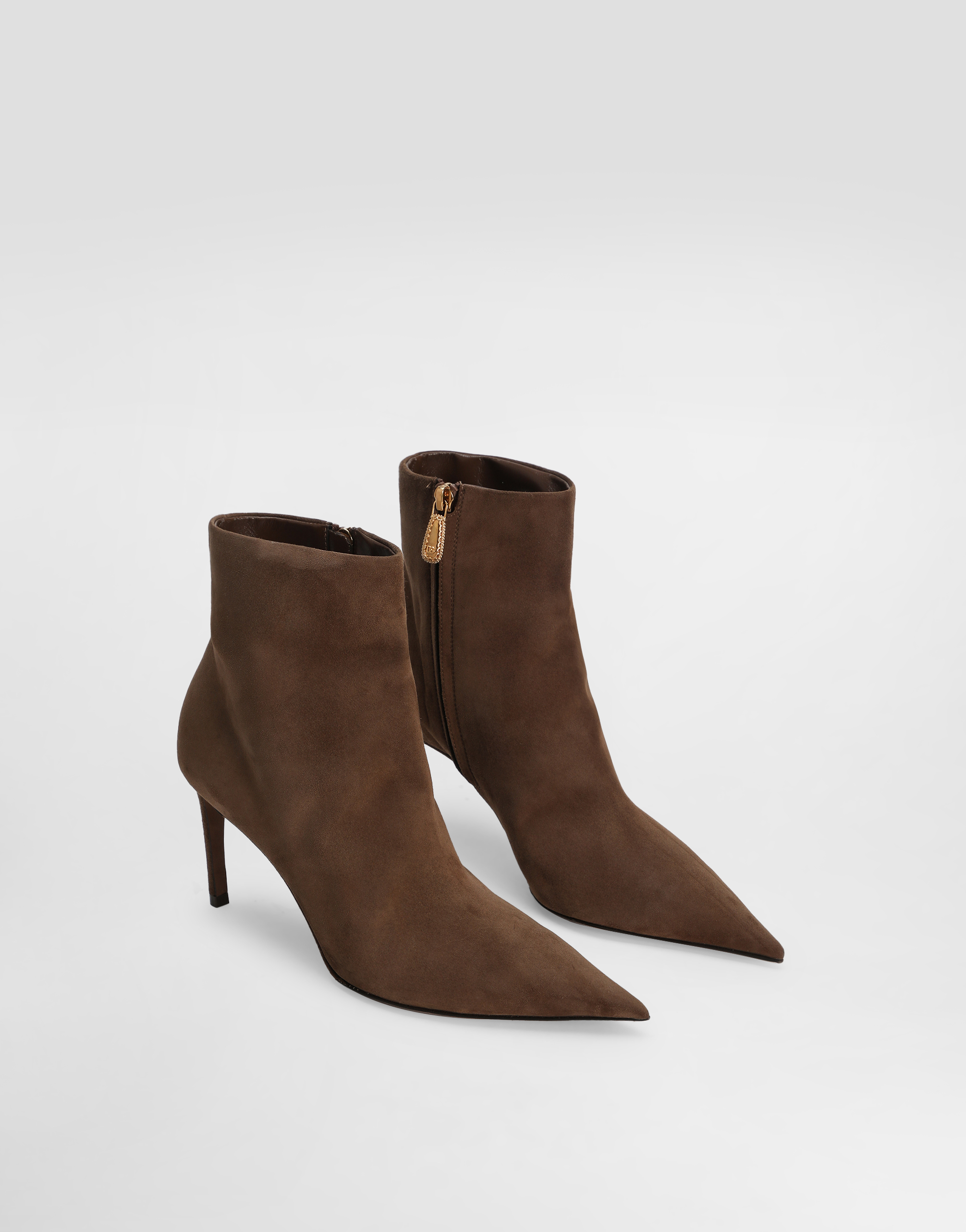 Dolce & Gabbana Beige Ankle Boots With Pointed Toe And Metallic Logo In Suede Woman In Brown