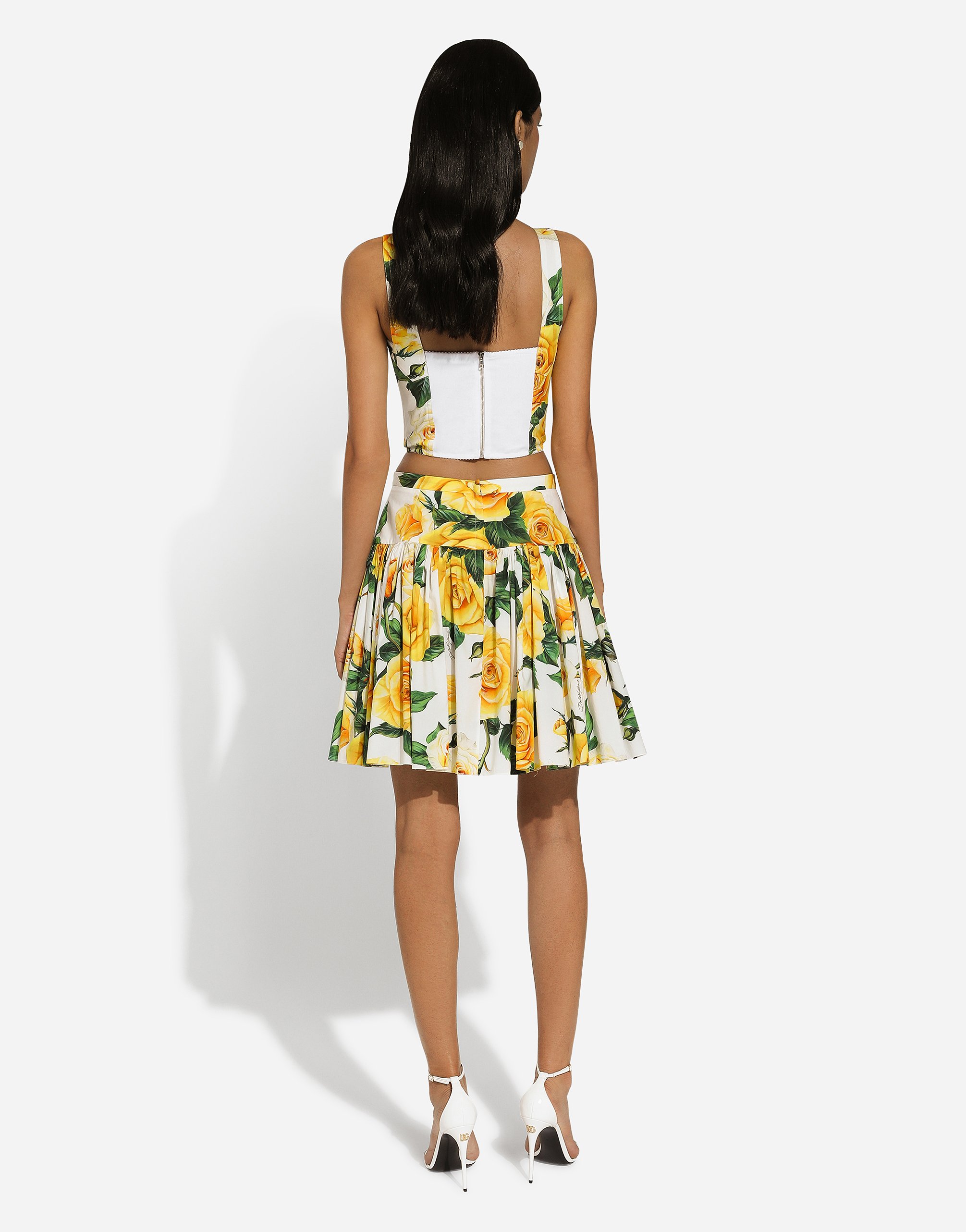 Shop Dolce & Gabbana Short Circle Skirt In Yellow Rose-print Cotton