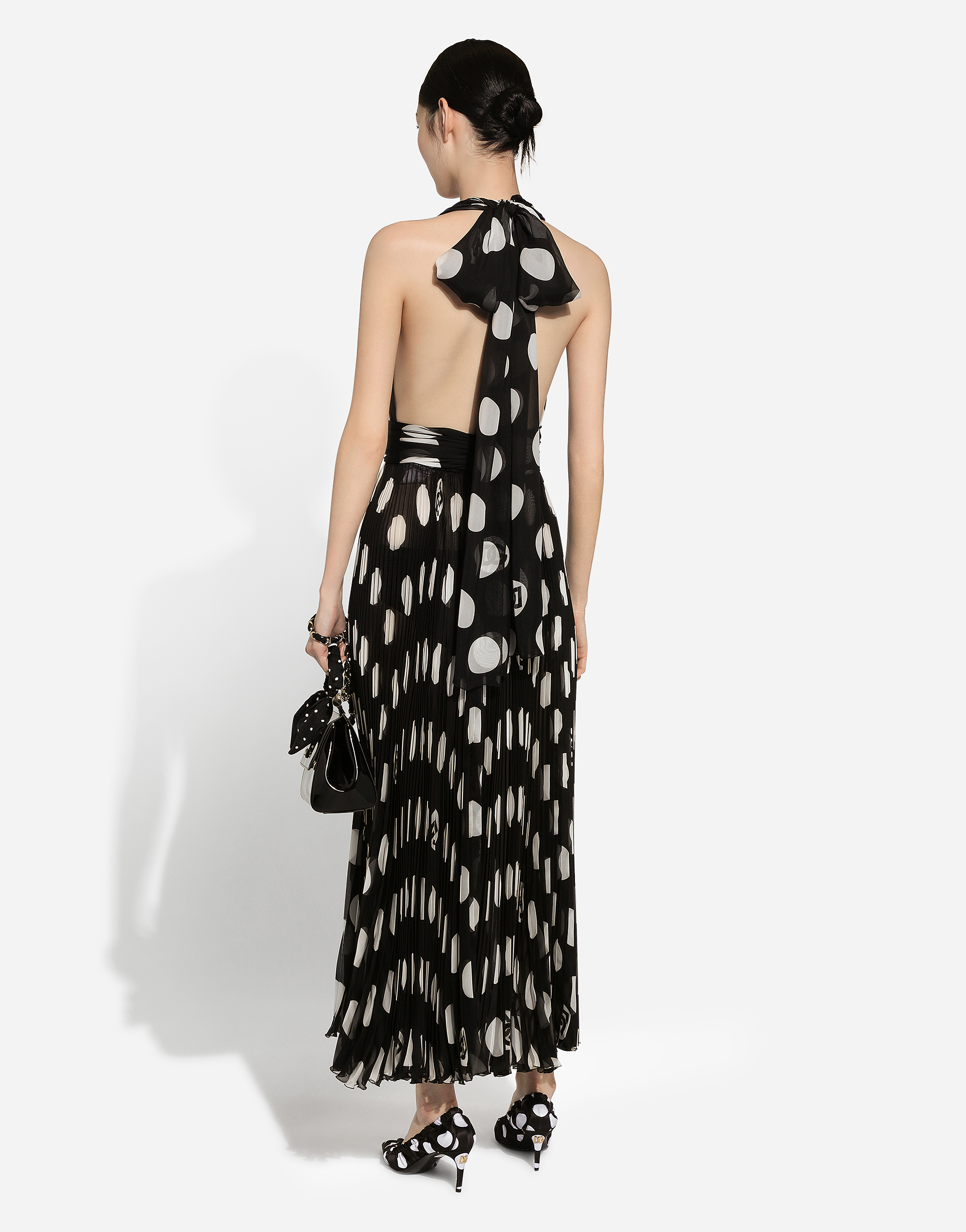 Dolce & Gabbana Pleated Chiffon Calf-length Dress With Polka-dot Print In プリ