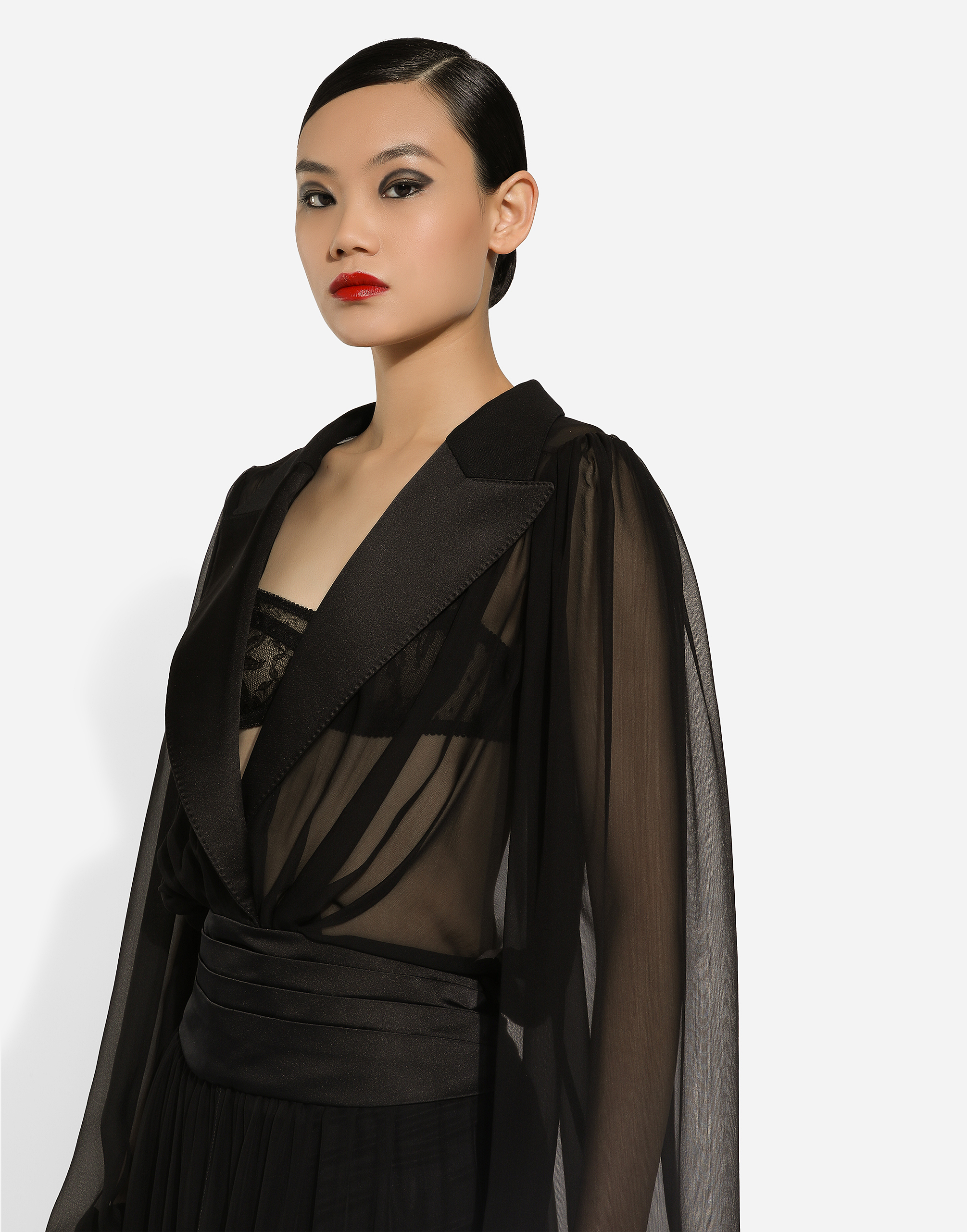 Dolce & Gabbana Silk Chiffon Tuxedo Long Dress In Black