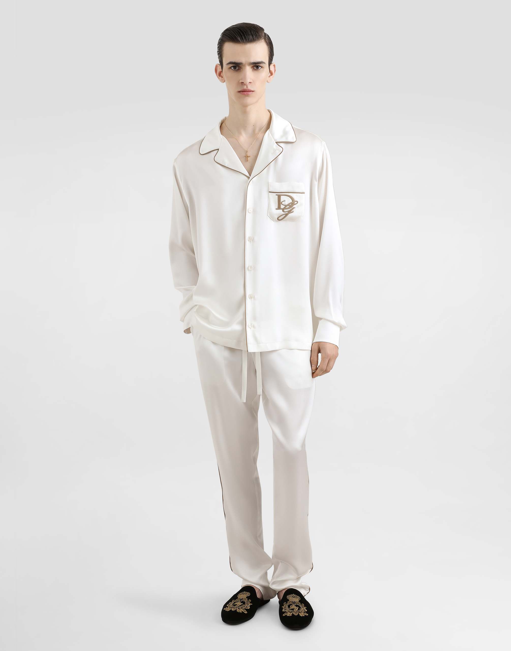 Dolce & Gabbana Silk Pajama Pants With Logo Embroidery In White