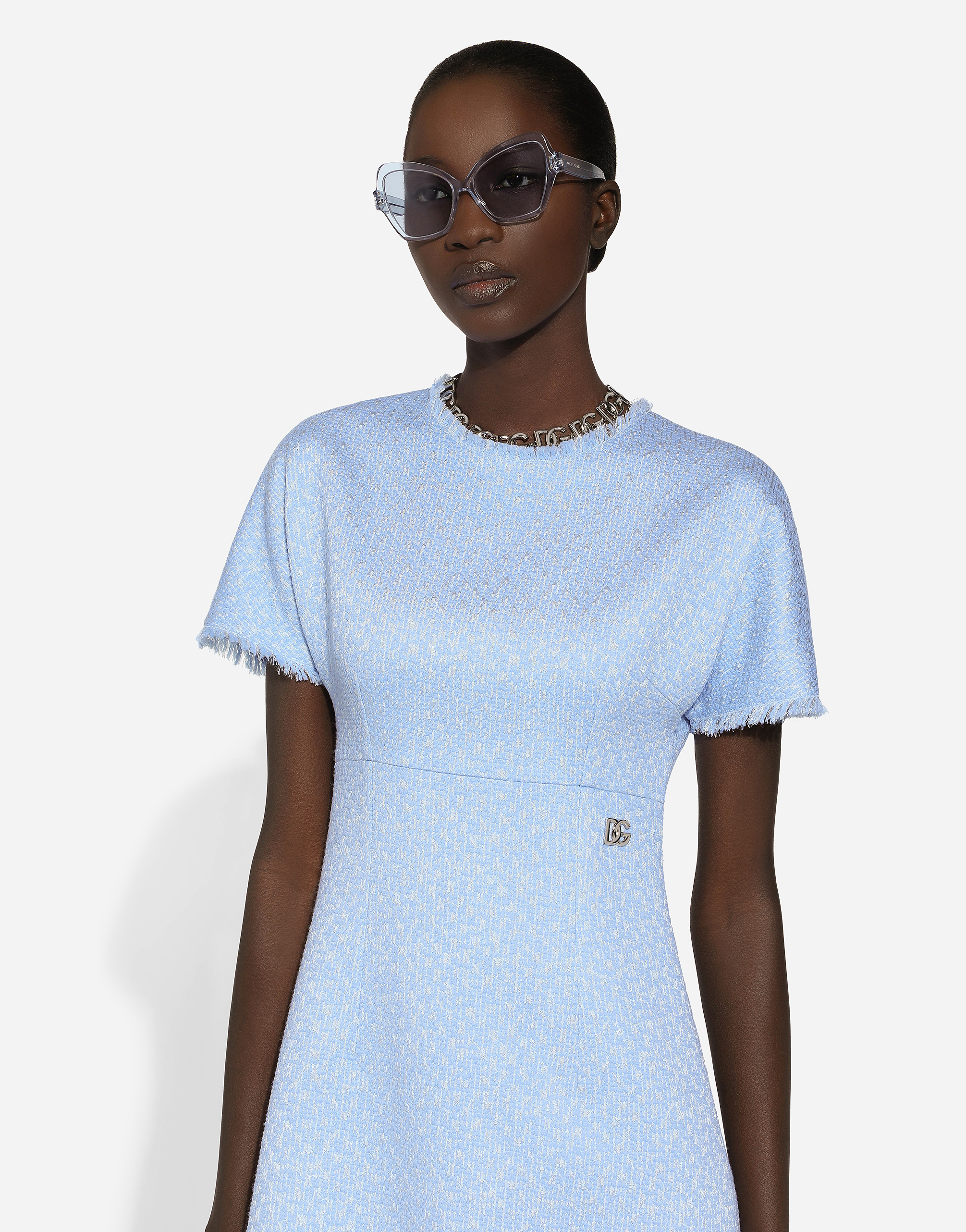 Dolce & Gabbana Raschel Tweed Midi Dress With Dg Logo In Purple