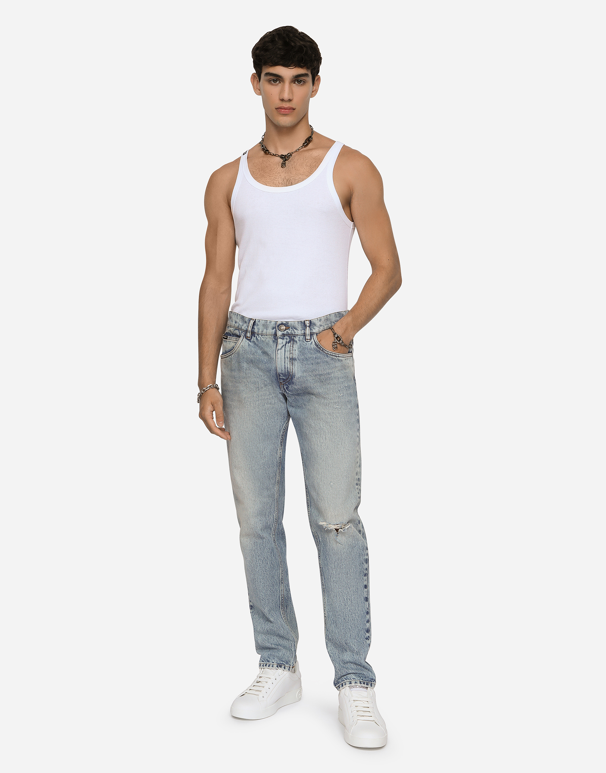 DOLCE & GABBANA LIGHT BLUE REGULAR-FIT STRETCH JEANS WITH RIPS