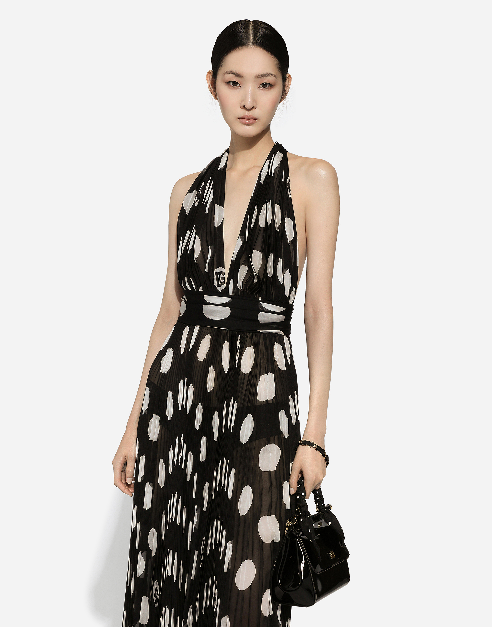 Dolce & Gabbana Pleated Chiffon Calf-length Dress With Polka-dot Print In プリ
