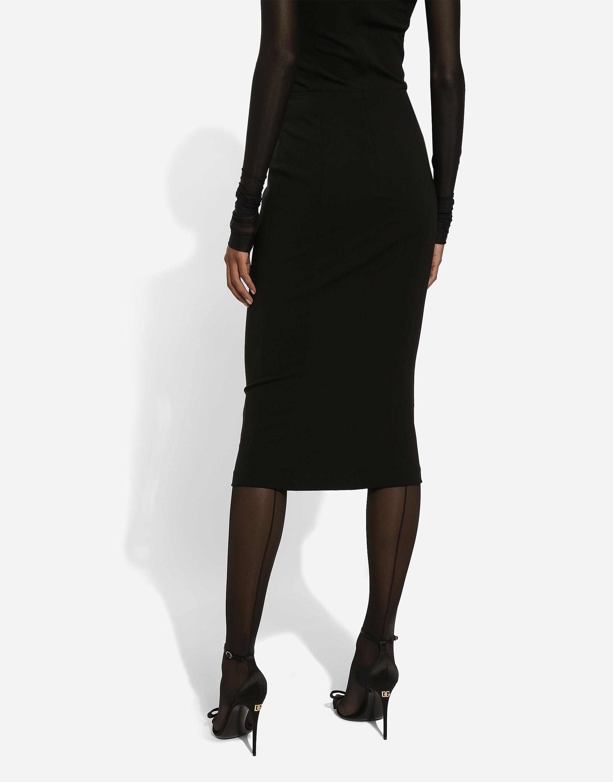 Dolce & Gabbana Jersey Calf-length Dress With Tulle Sleeves In Black