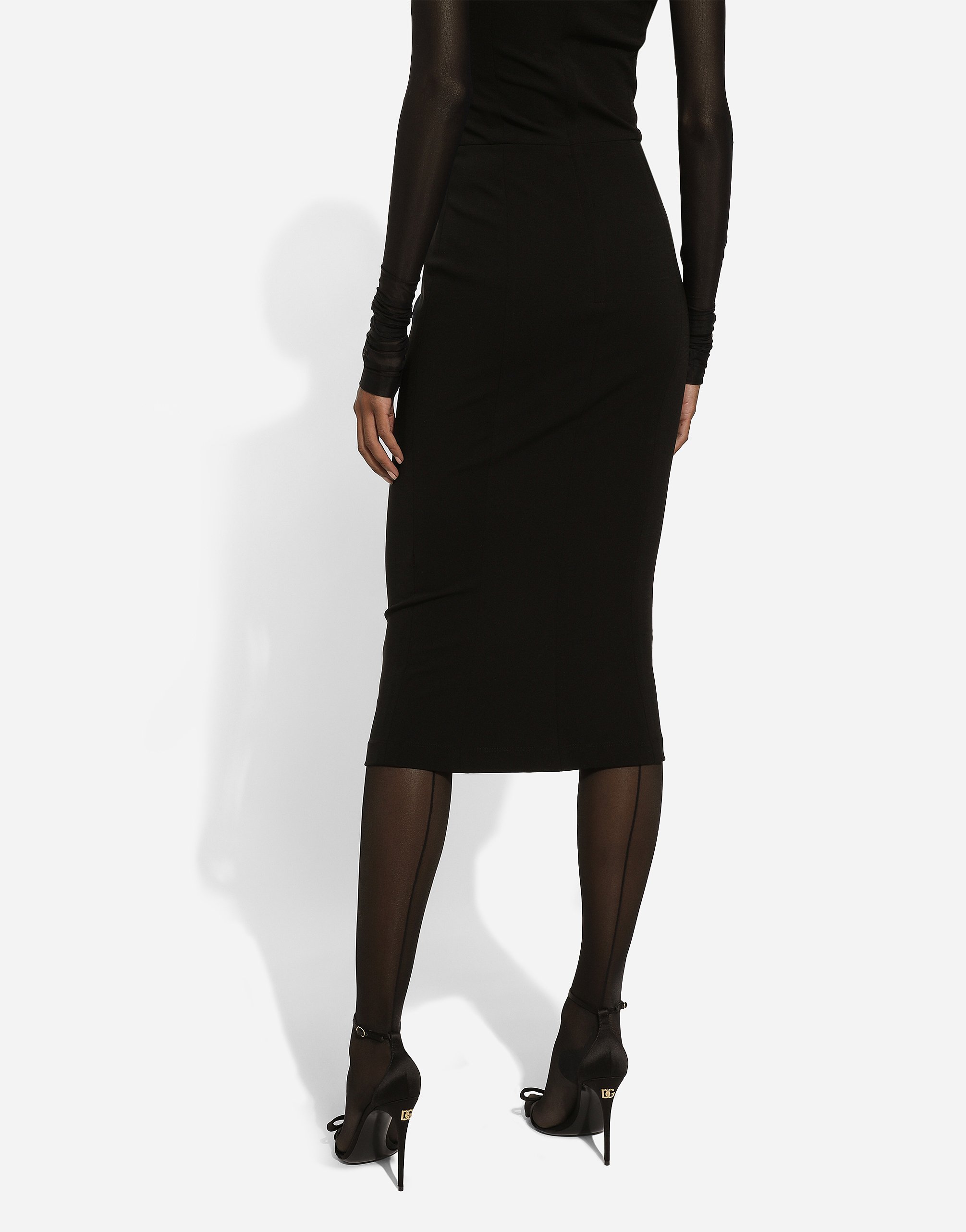 Dolce & Gabbana Jersey Calf-length Dress With Tulle Sleeves In Black