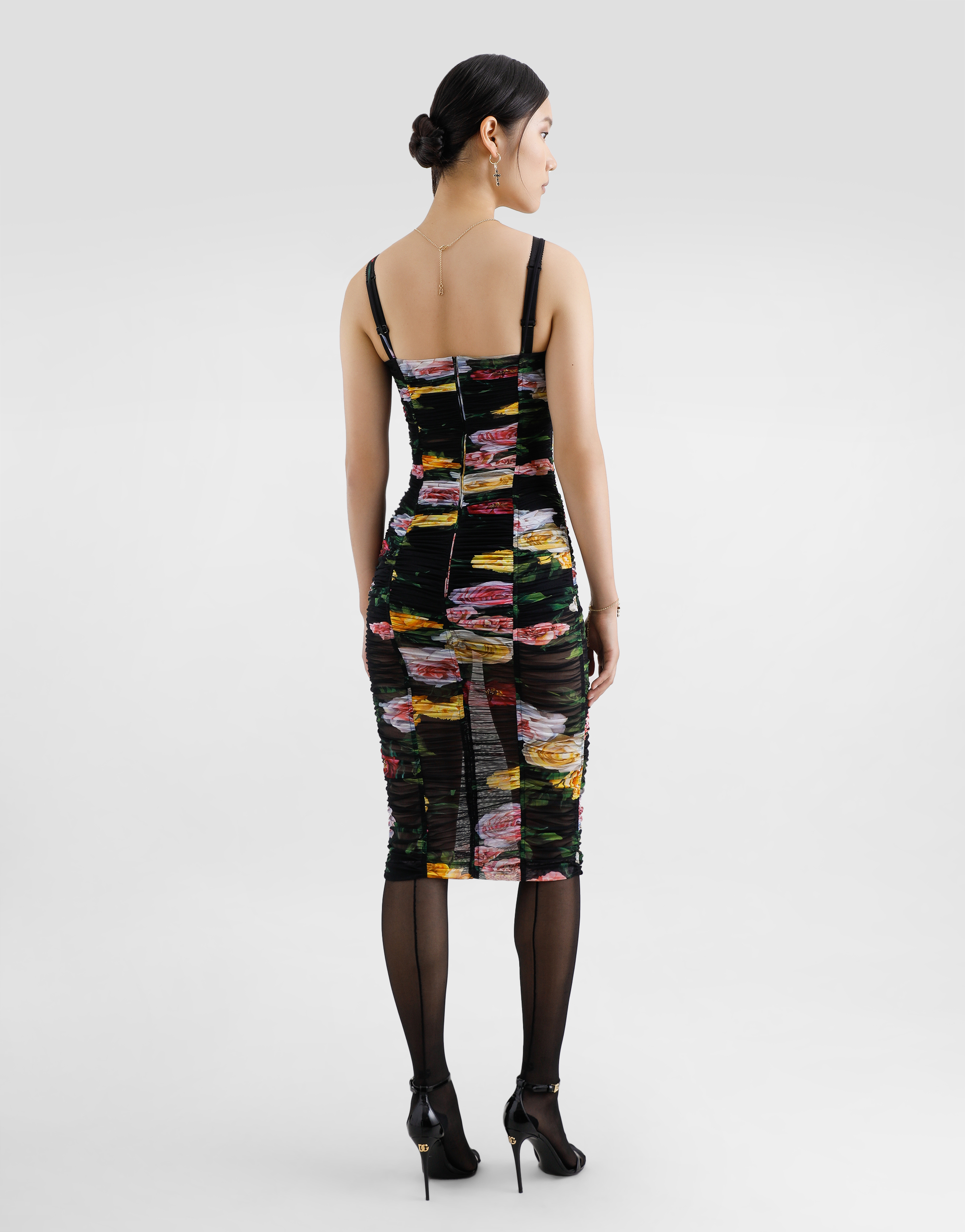 Dolce & Gabbana Tulle Calf-length Slip Dress With Draping And Peony And Rose Print In Print
