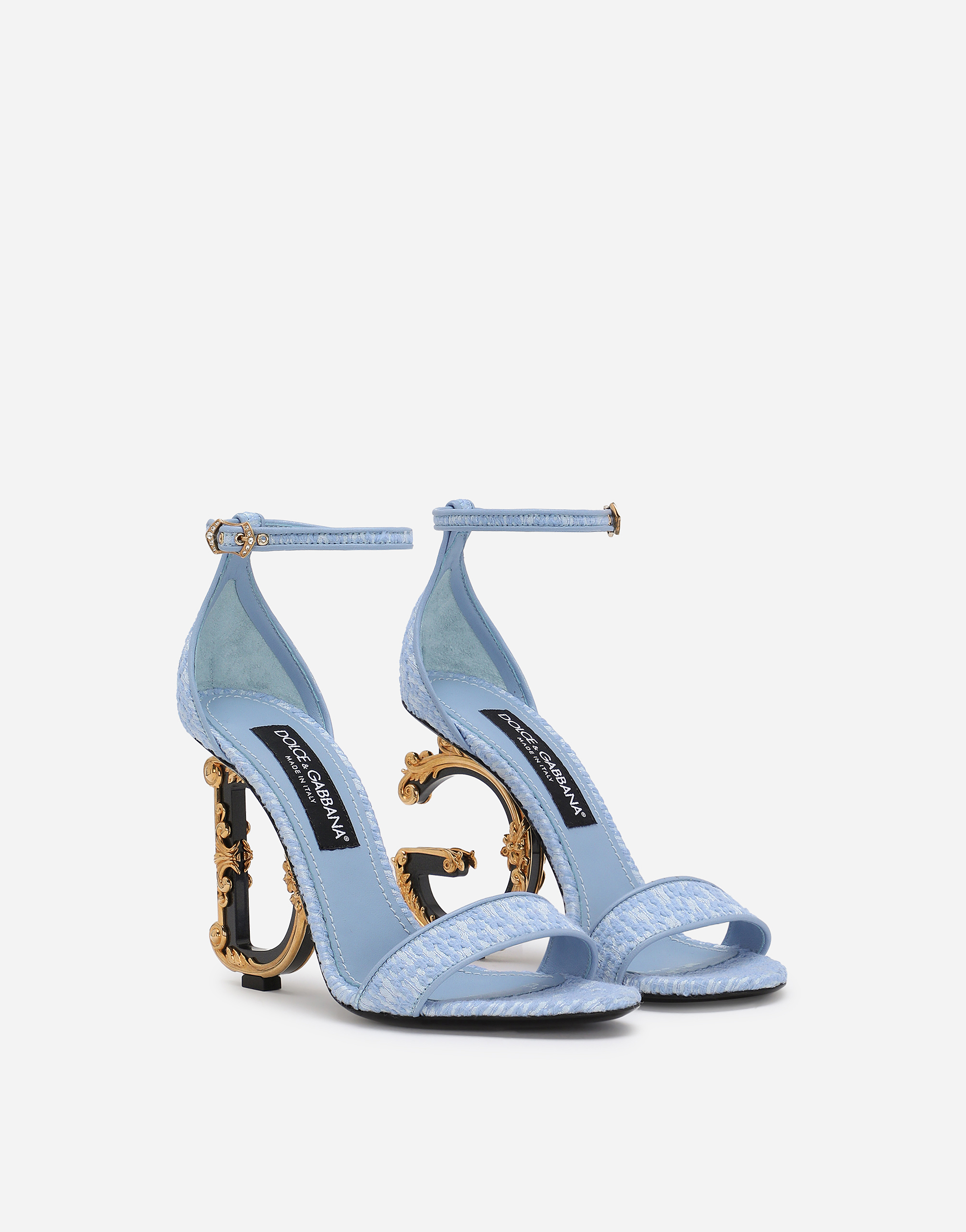 Dolce & Gabbana Bouclé Fabric Sandals With Baroque Dg Detail In Azure