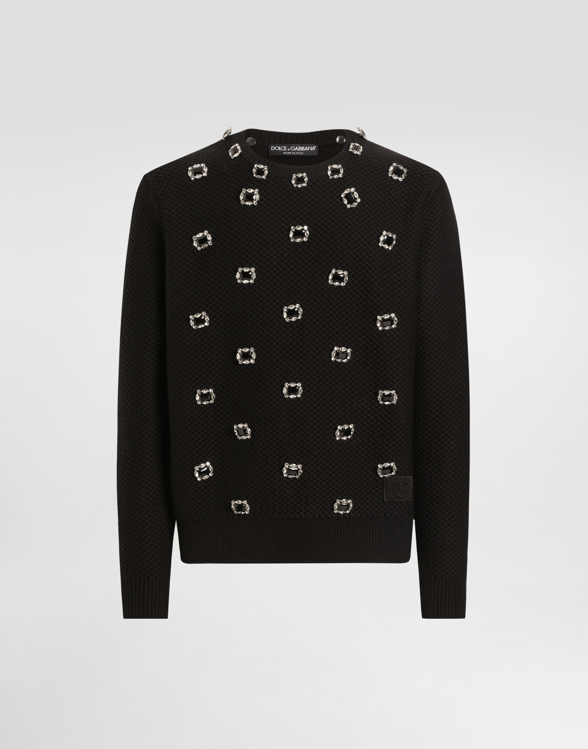 Dolce & Gabbana Wool Round-neck Sweater With Embroidery And Bejeweled Buttons - Man Sweaters And Cardigans Black