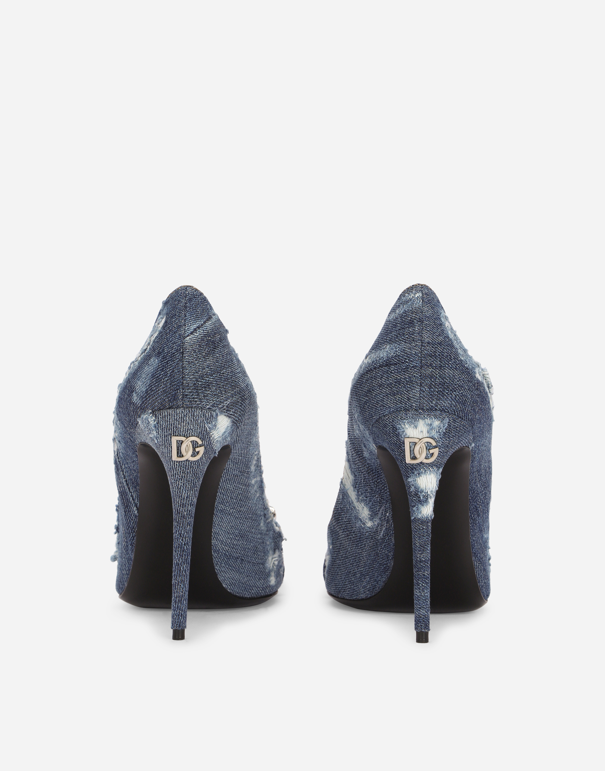 Shop Dolce & Gabbana Patchwork Denim Pumps With Rhinestone Buckle In Blue