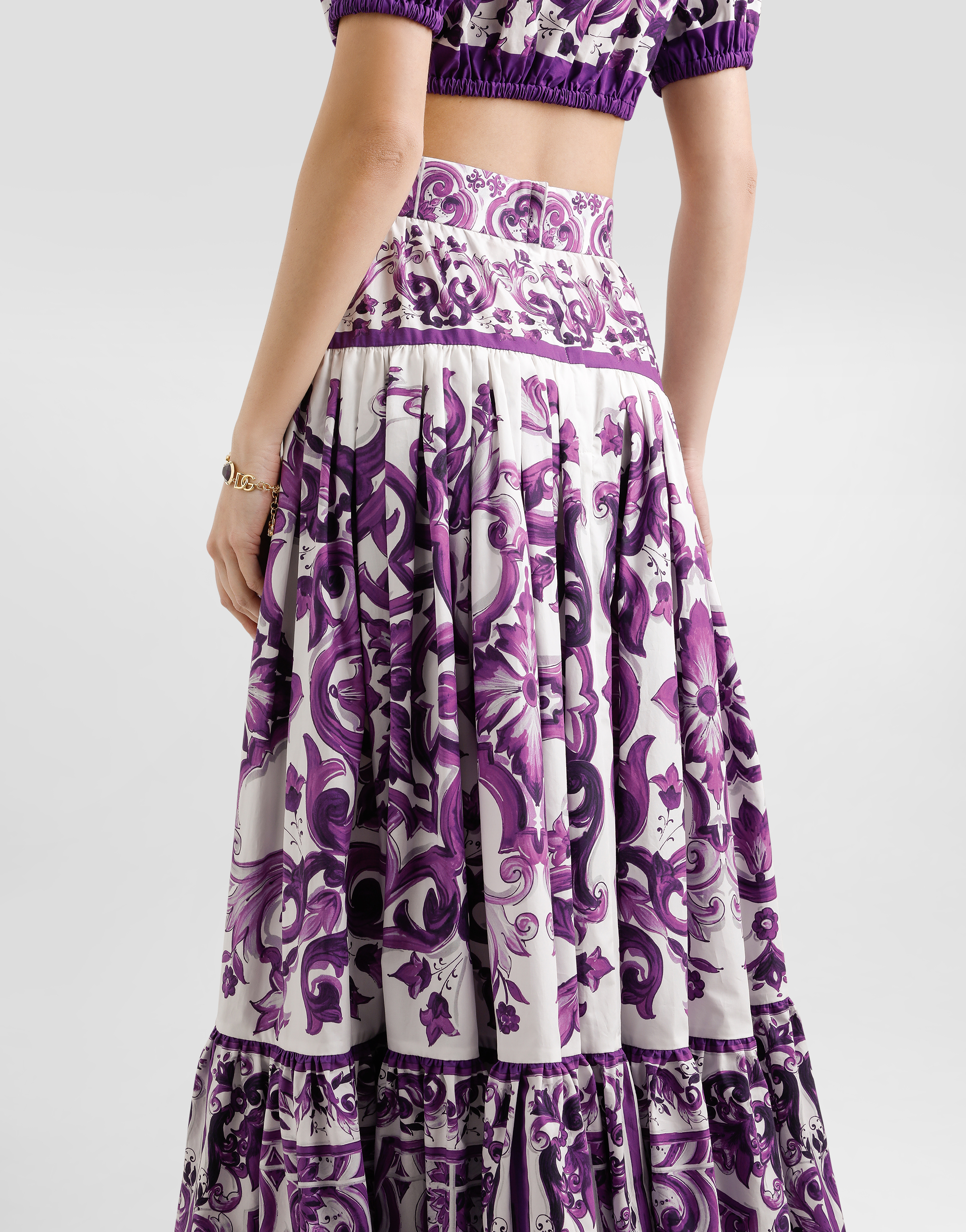 Dolce & Gabbana Violet Long Skirt With Ruffle Hem And All-over Floral Motif In Cotton Woman