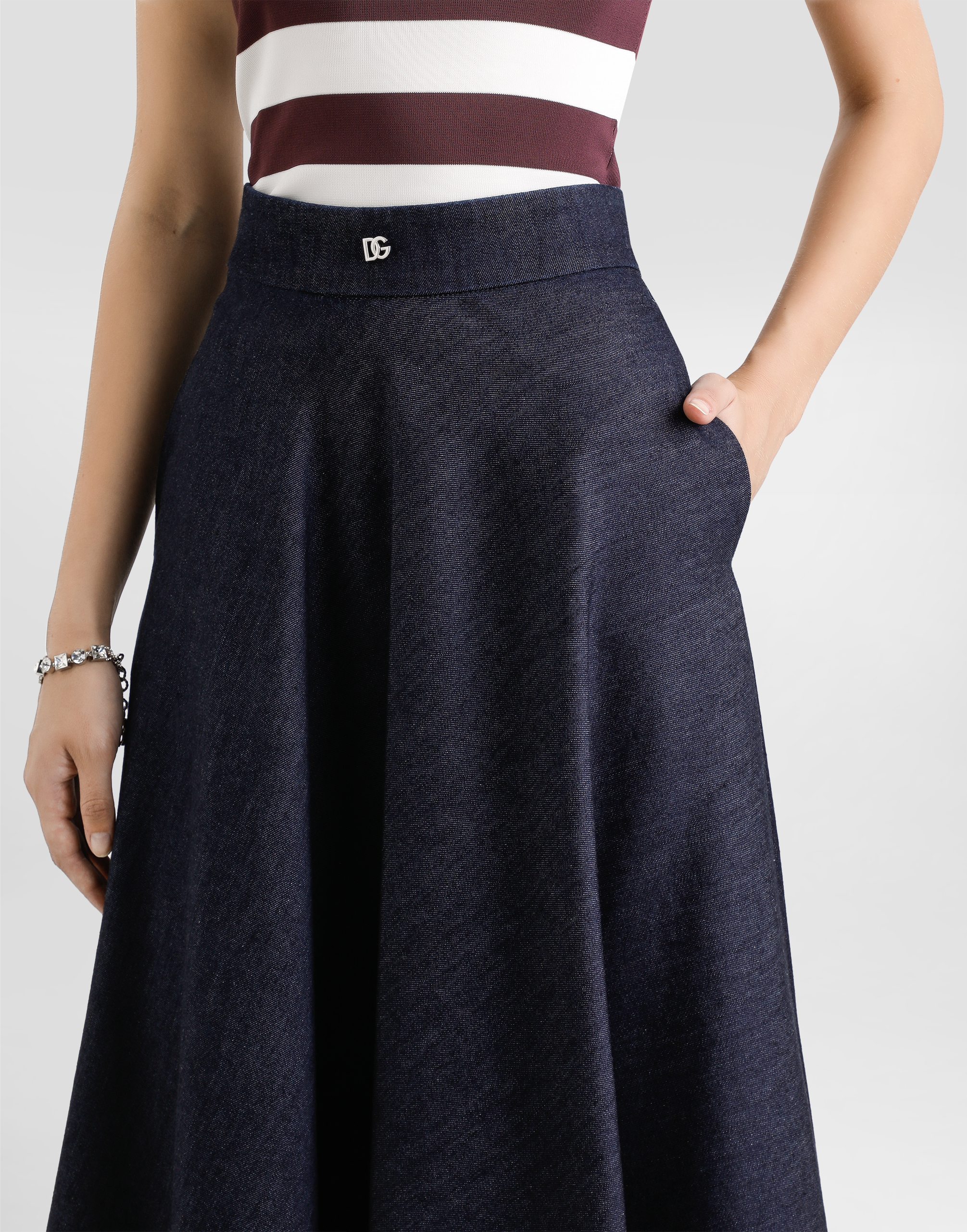 Dolce & Gabbana Denim Calf-length Circle Skirt With Dg Logo Pin In Multicolor
