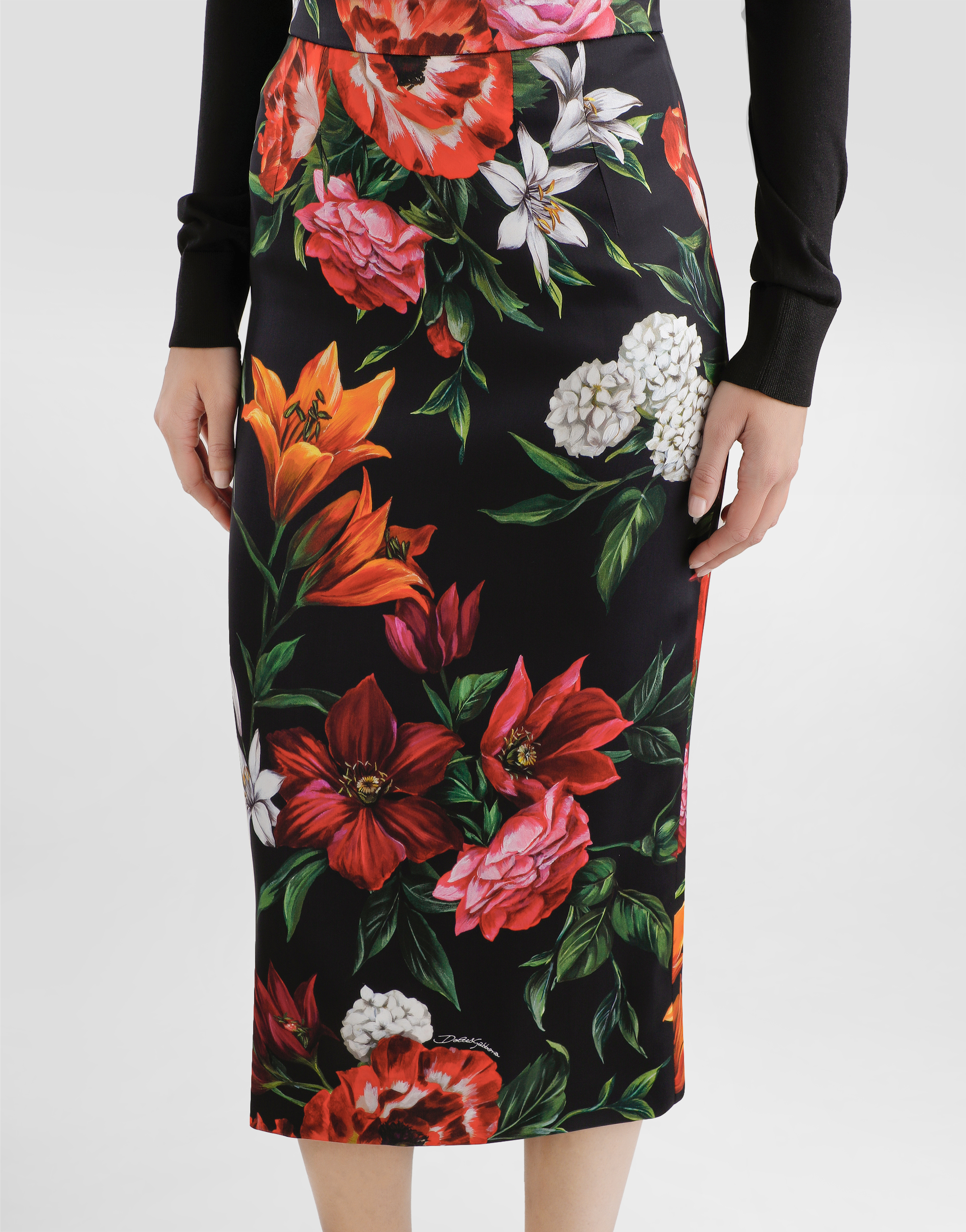 Flower-print satin skirt