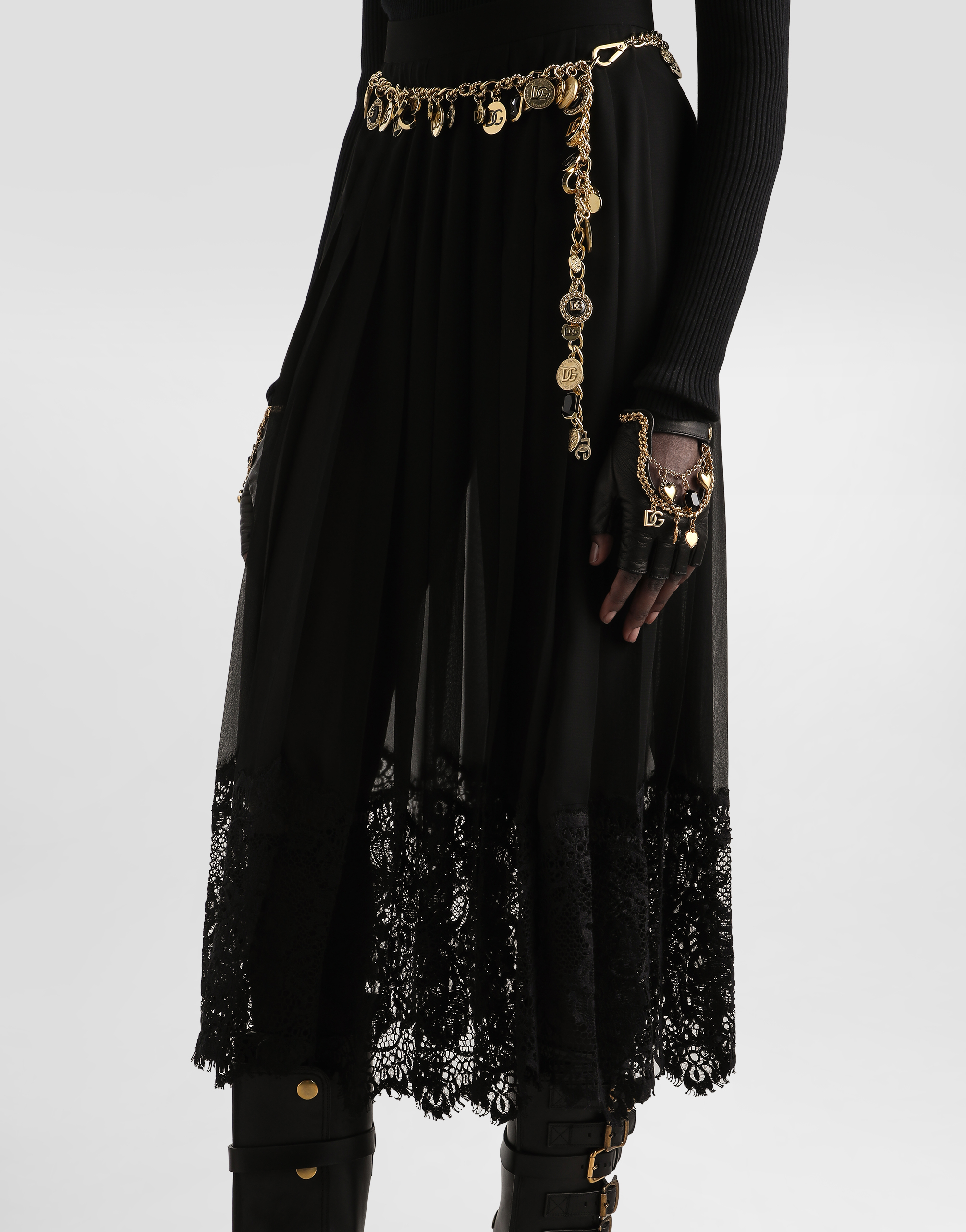 Dolce & Gabbana Gonna Midi In Chiffon And Black Lace In Black