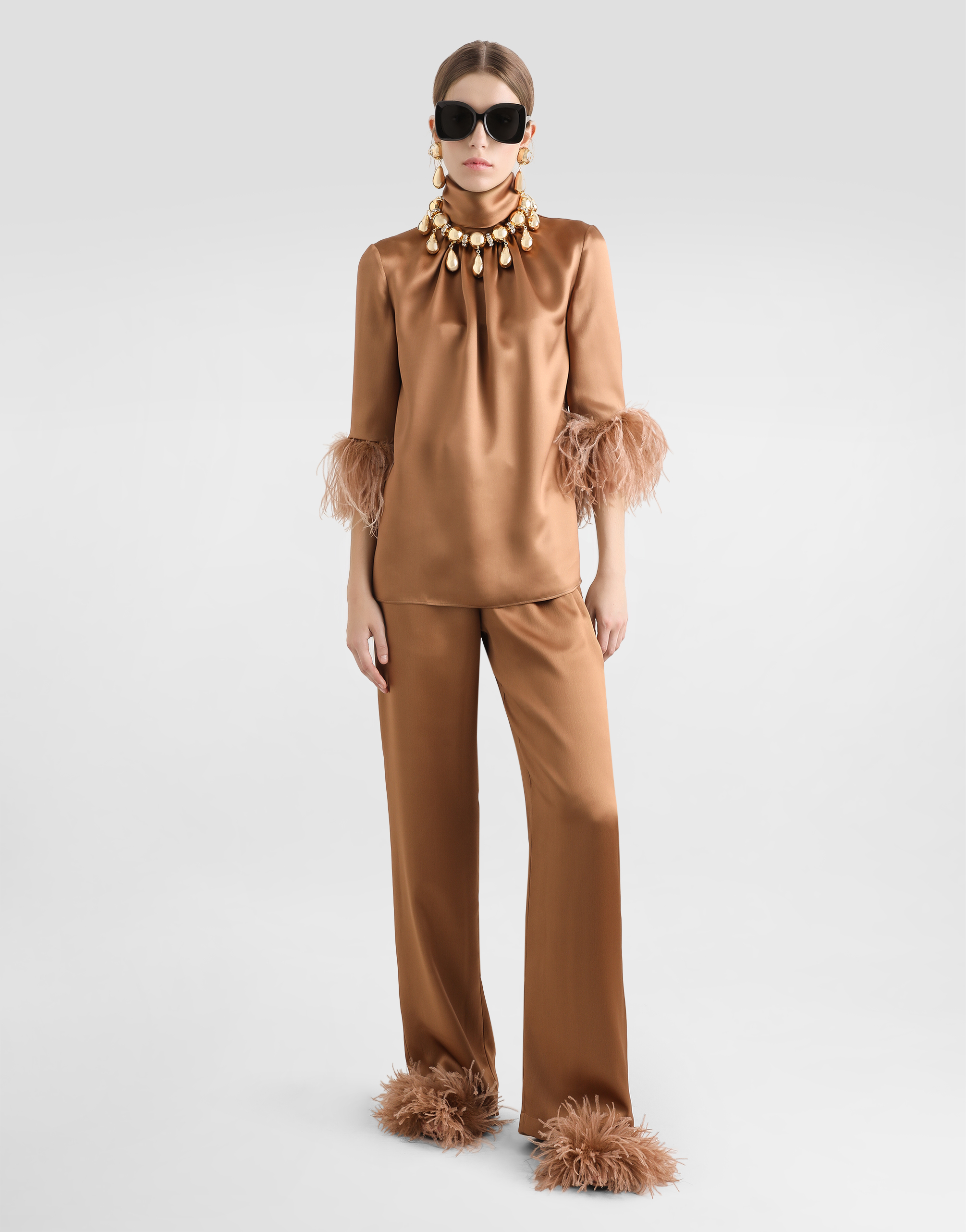 Dolce & Gabbana Double Satin Turtle-neck Top With Feathered Detailing In Beige