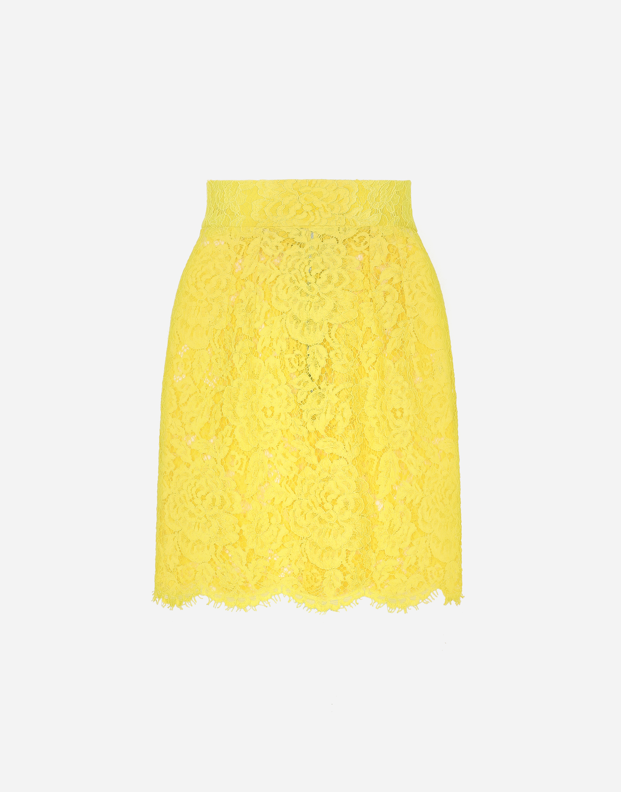 Shop Dolce & Gabbana Branded Floral Cordonetto Lace Miniskirt In イエロー